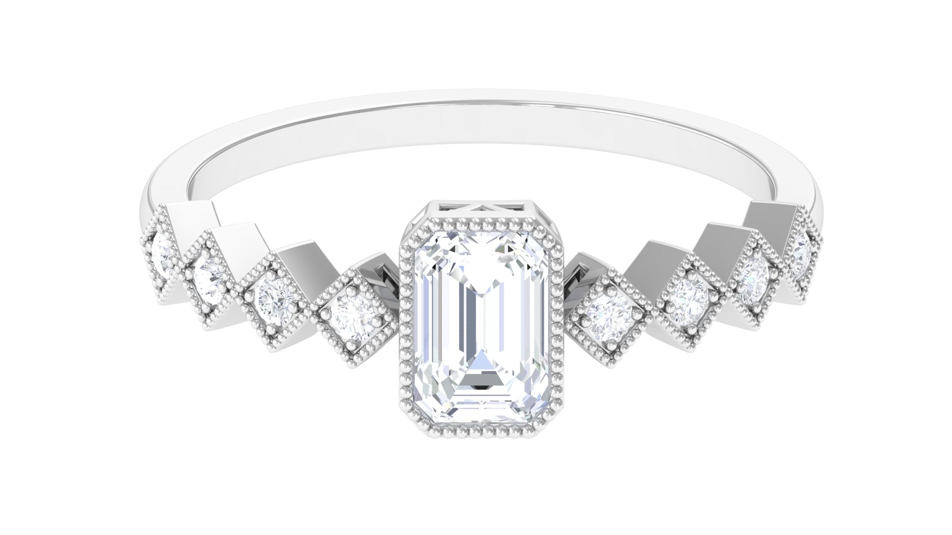 1 CT Octagon Cut Zircon Engagement Ring with Side Stones AAAA - Rosec Jewels