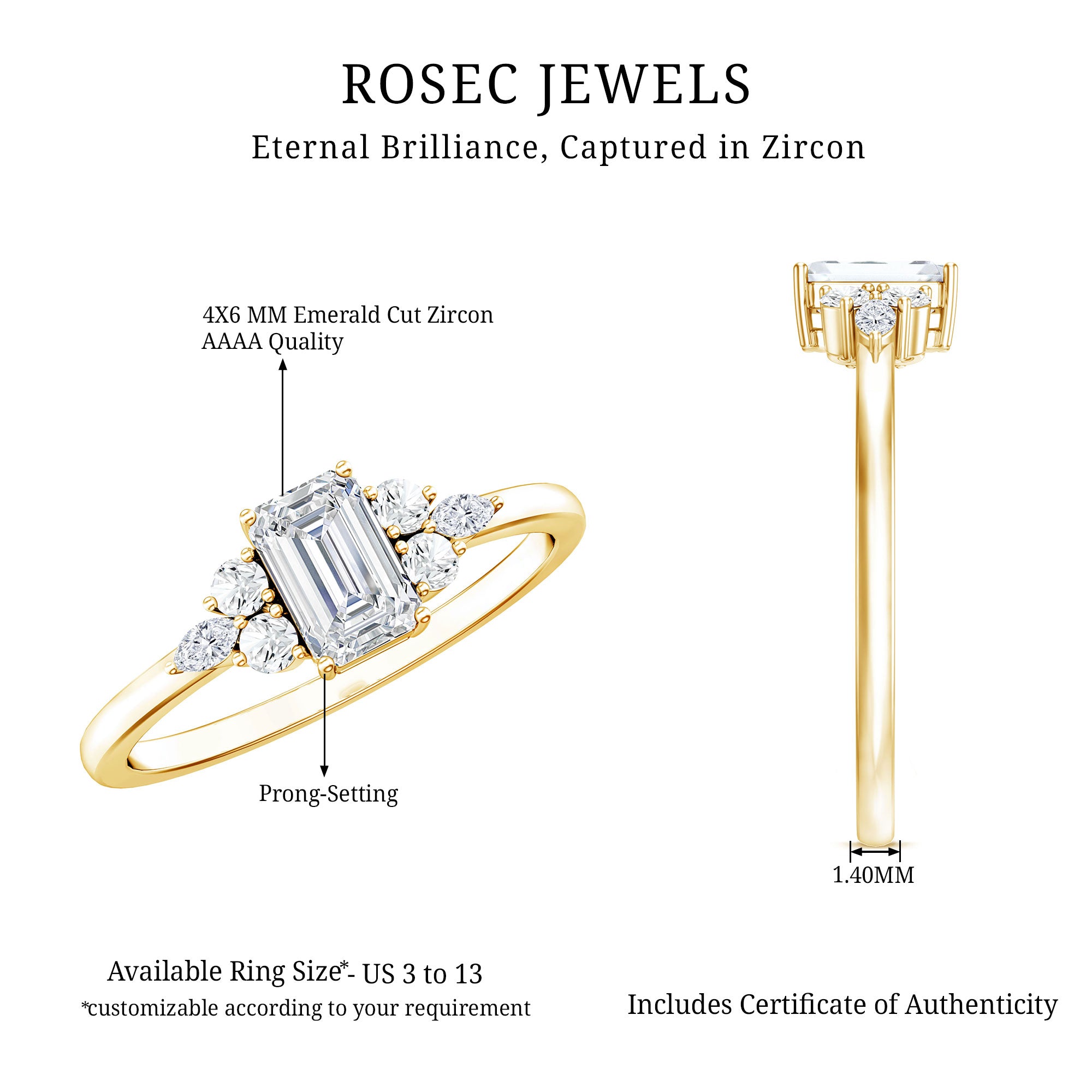 1 CT Octagon Cut Cubic Zirconia Engagement Ring with Trio AAAA - Rosec Jewels