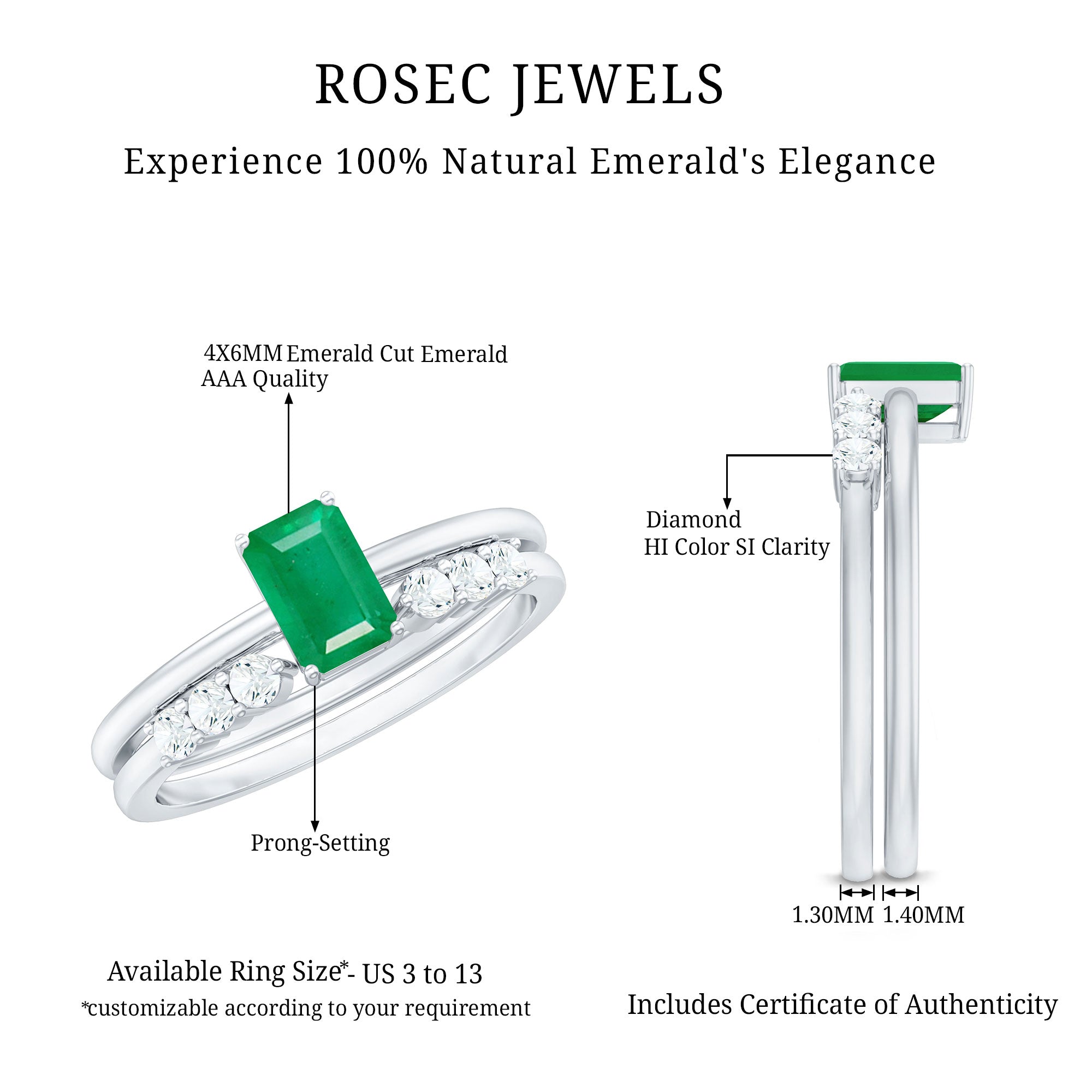 Natural Emerald Cut Emerald Diamond Engagement Wedding Ring Set of 2 AAA - Rosec Jewels