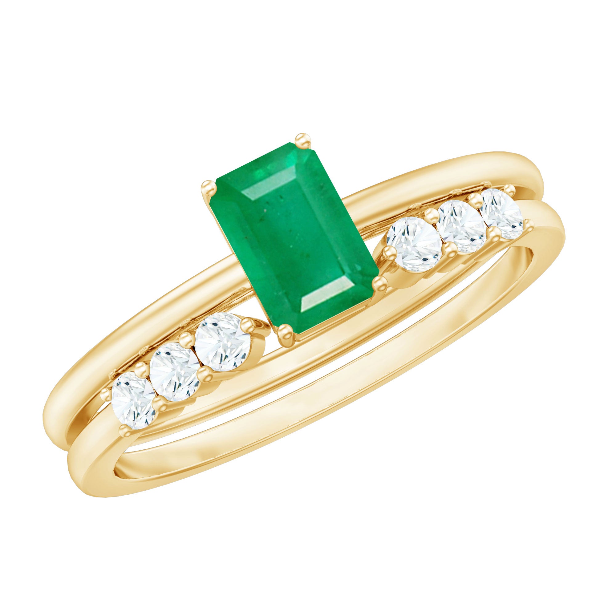 Natural Emerald Cut Emerald Diamond Engagement Wedding Ring Set of 2 AAA - Rosec Jewels