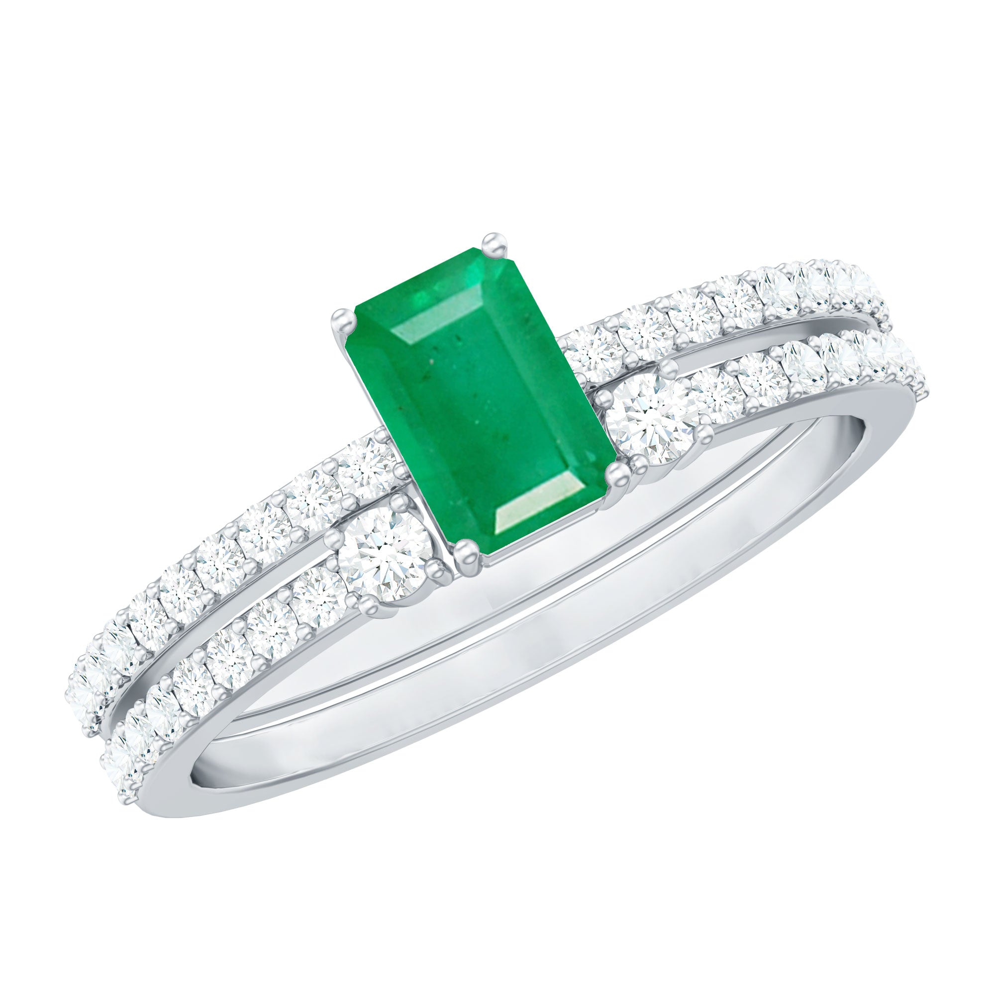 Genuine Emerald Diamond Emerald Cut Engagement Ring and Wedding Band Set AAA - Rosec Jewels