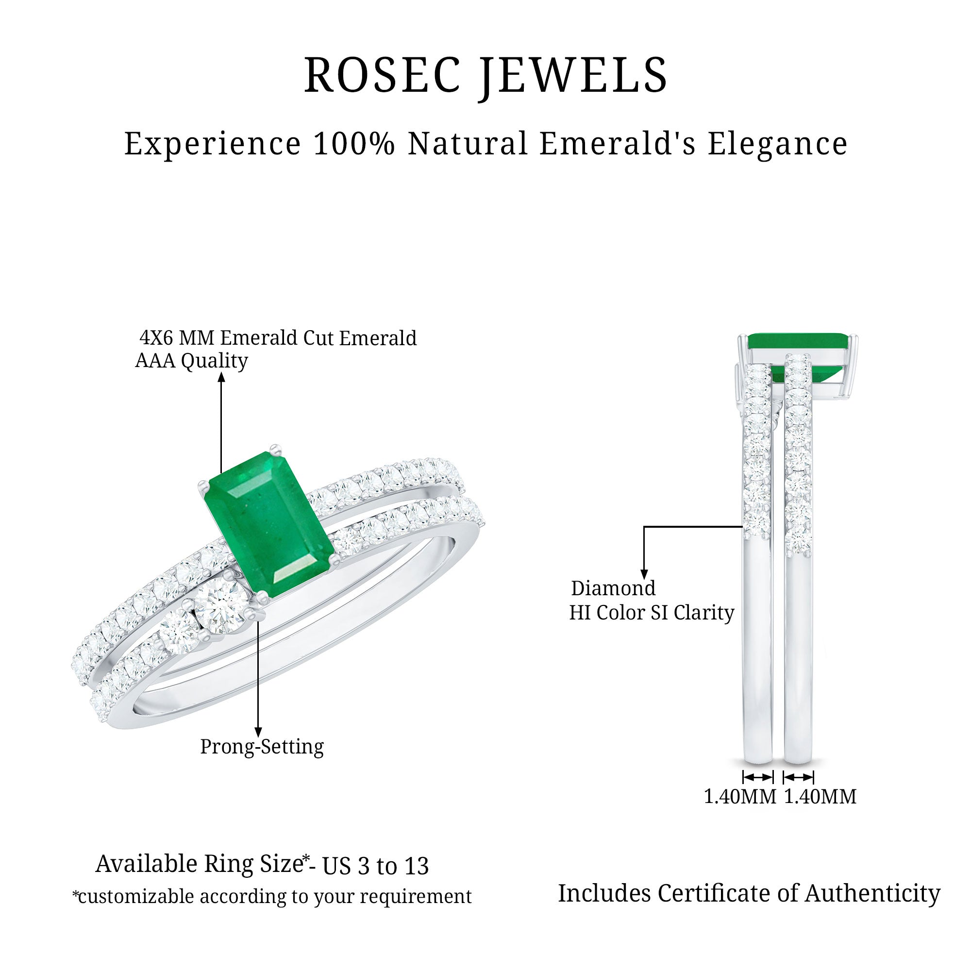 Rosec Jewels-Genuine Emerald Diamond Emerald Cut Engagement Ring with Enhancer