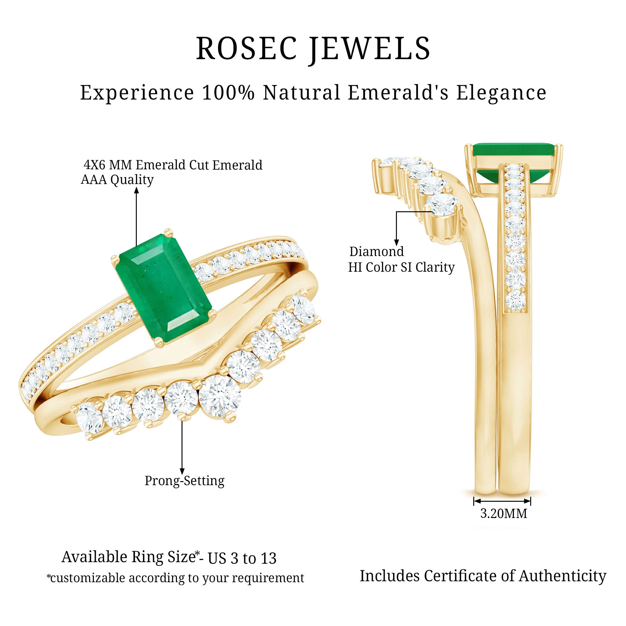Natural Emerald Diamond Emerald Cut Engagement Ring with Curved Wedding Band AAA - Rosec Jewels