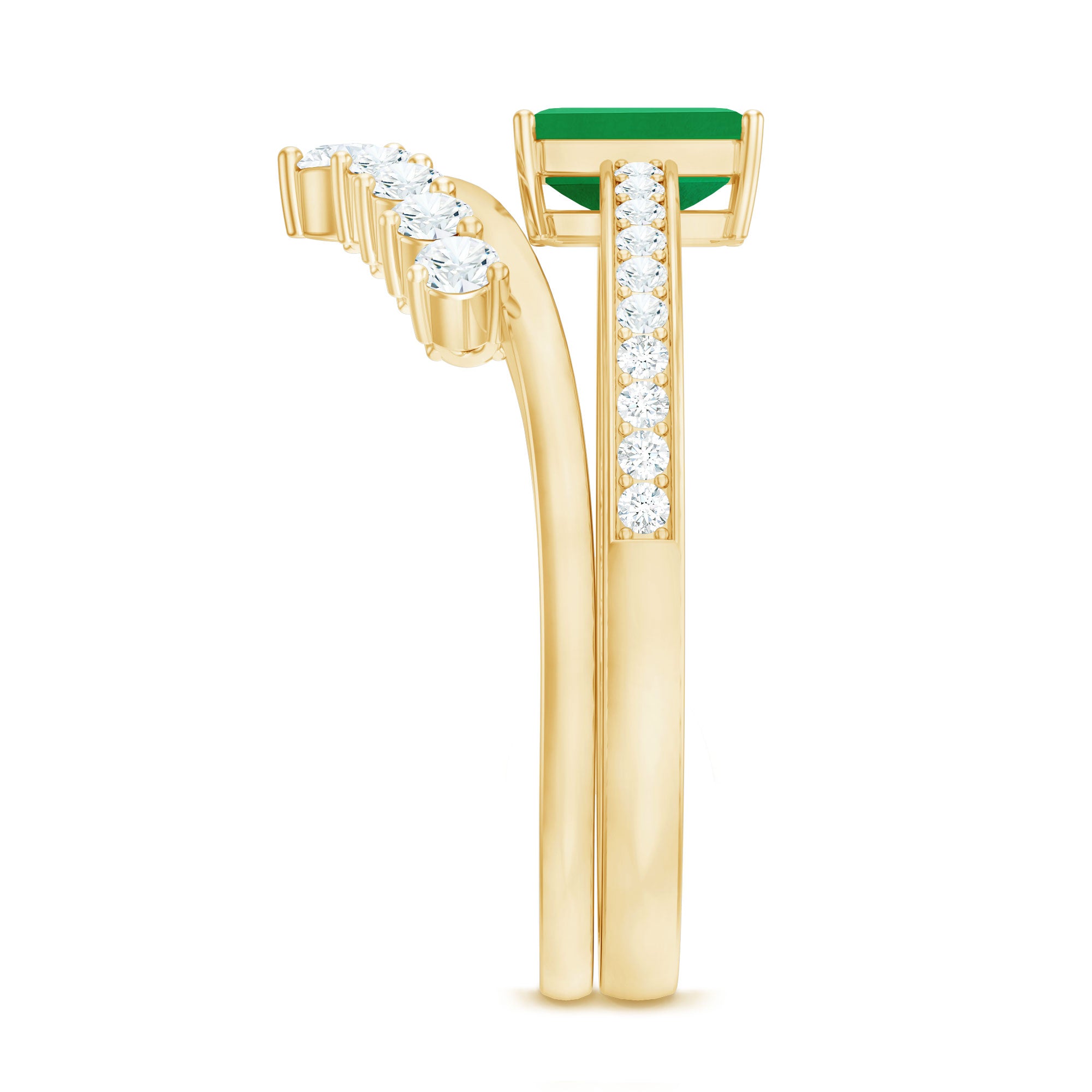 Natural Emerald Diamond Emerald Cut Engagement Ring with Curved Wedding Band AAA - Rosec Jewels