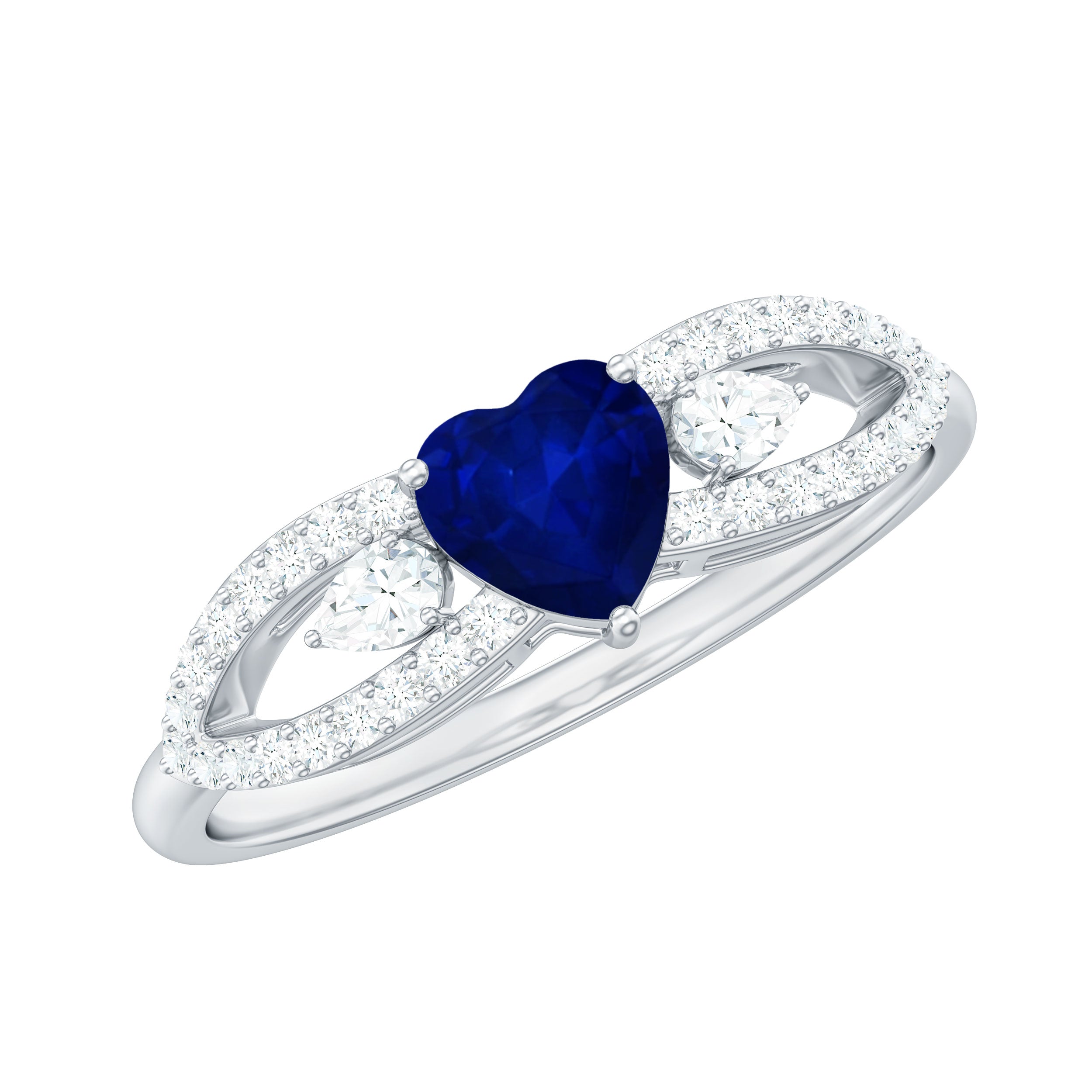 Rosec Jewels-Real 0.6 Carat Blue Sapphire and Diamond Heart Promise Ring with Split Shank