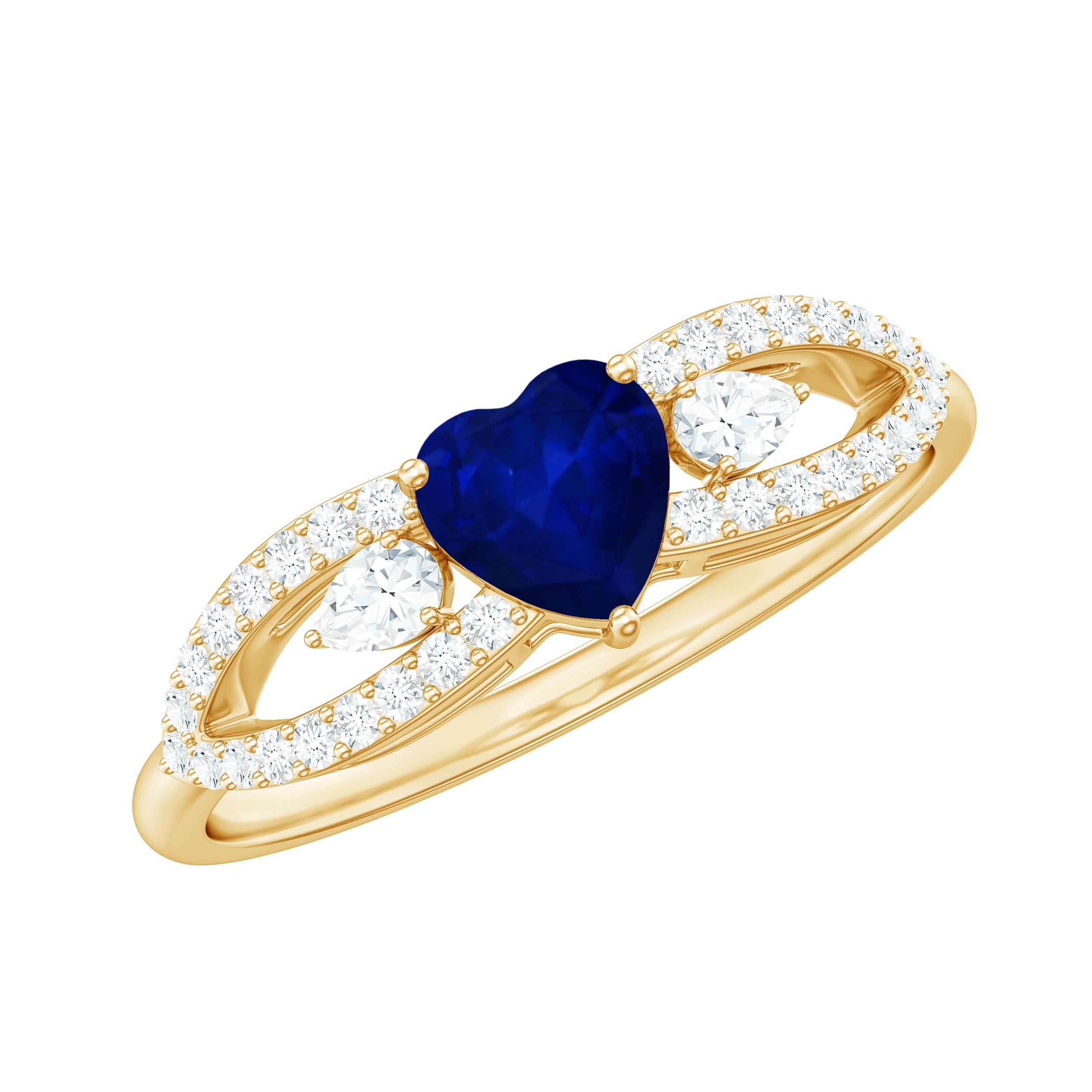 Real 0.6 Carat Blue Sapphire and Diamond Heart Promise Ring with Split Shank AAA - Rosec Jewels