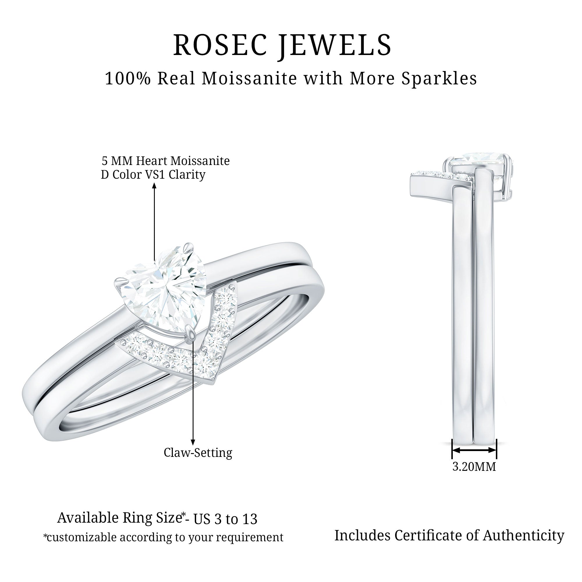 Rosec Jewels-Heart Shaped Moissanite Solitaire Wedding Ring Set for Women
