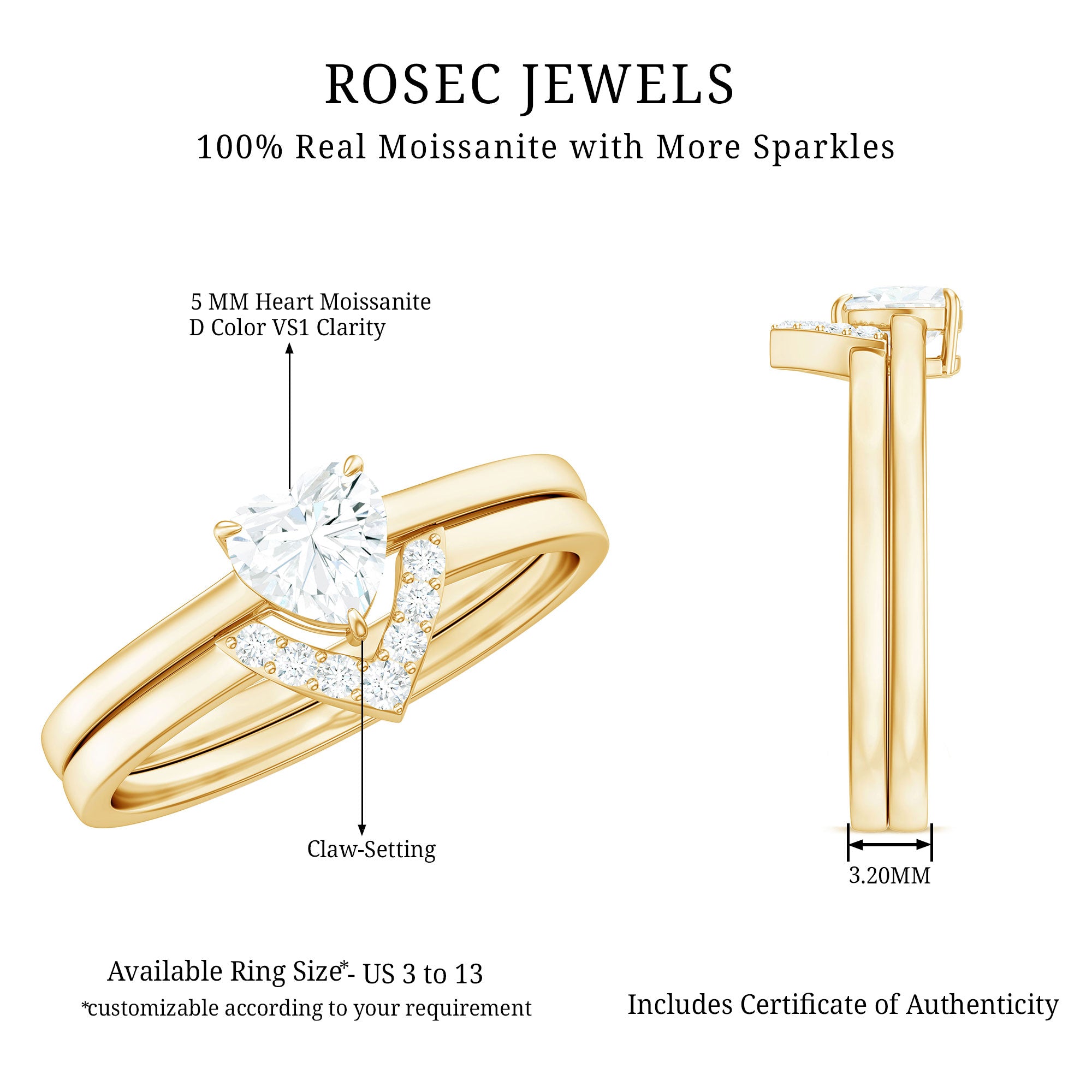 Rosec Jewels-Heart Shaped Moissanite Solitaire Wedding Ring Set for Women