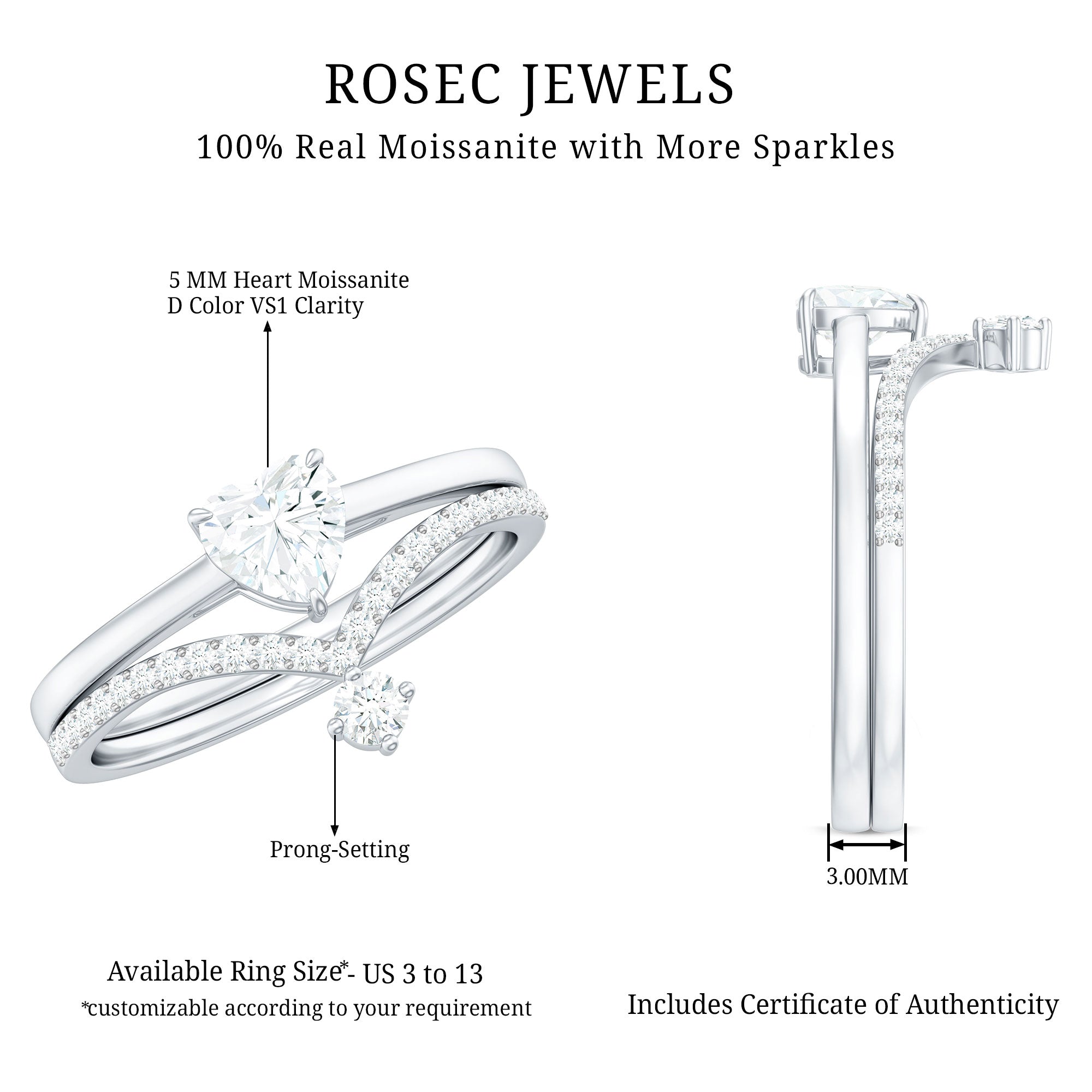 Rosec Jewels-Heart Shape Moissanite Solitaire Engagement Ring with Enhancer