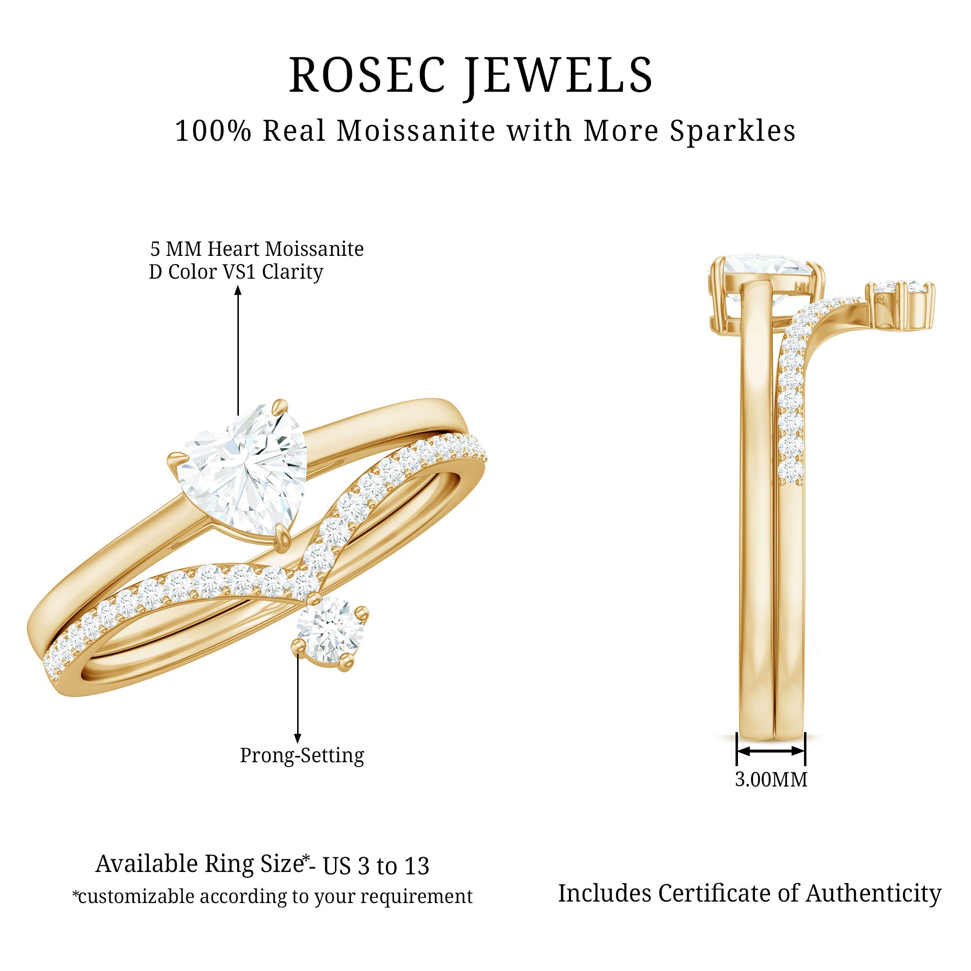 Rosec Jewels-Heart Shape Moissanite Solitaire Engagement Ring with Enhancer