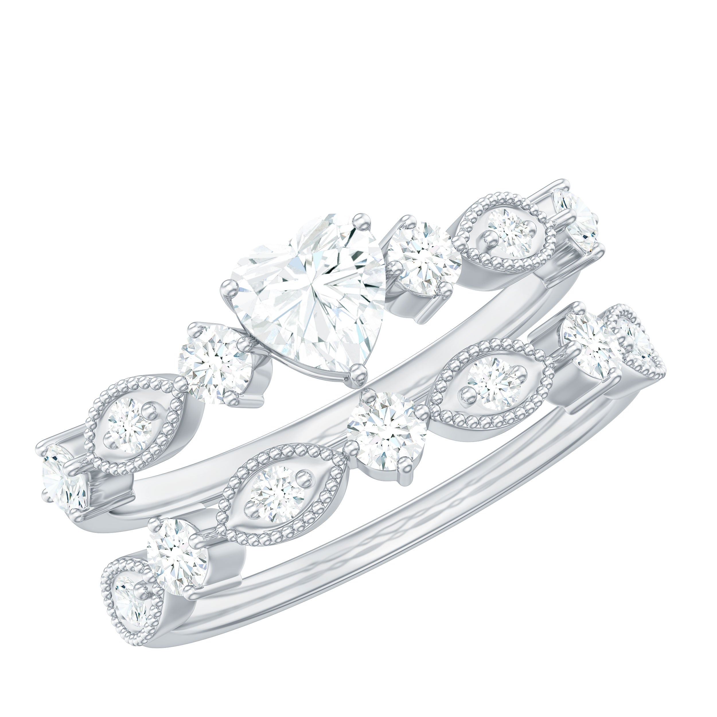Heart Shape Moissanite Vintage Wedding Ring Set D-VS1 - Rosec Jewels