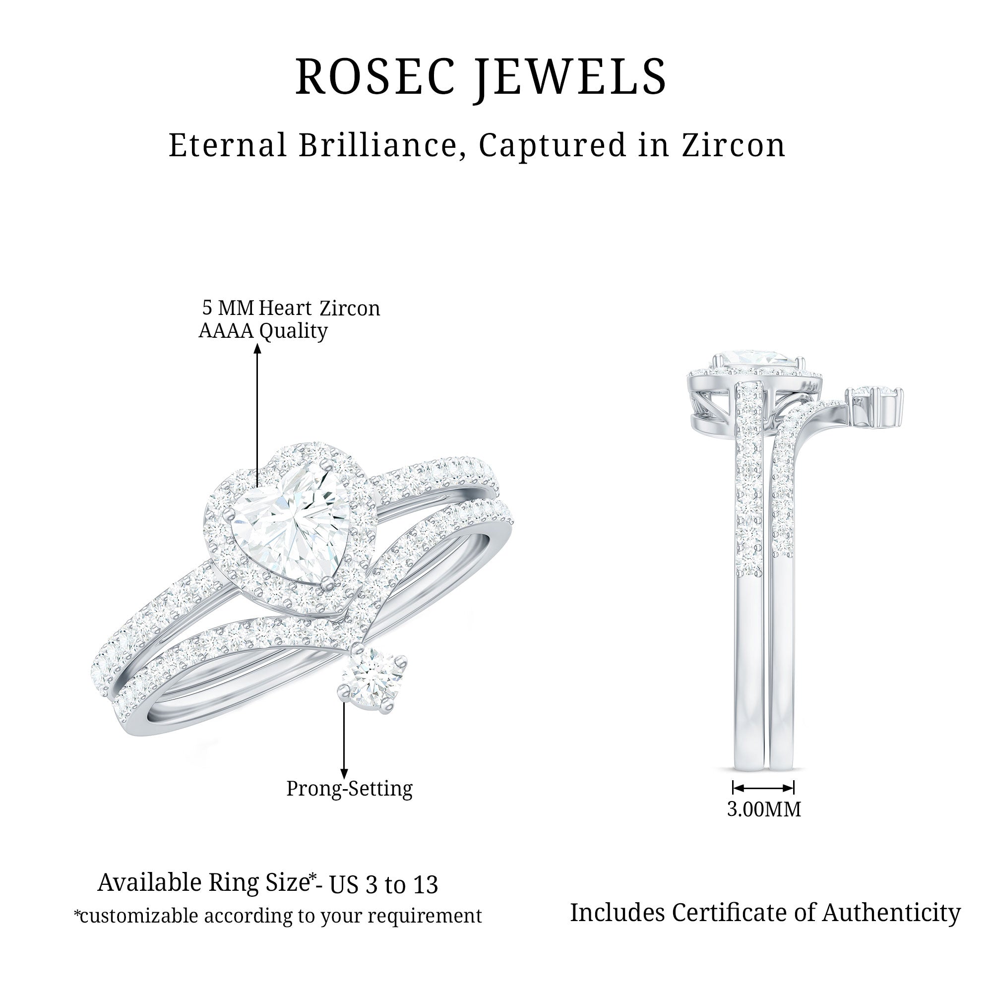Cubic Zirconia Heart Ring Set with V Shape Band AAAA - Rosec Jewels