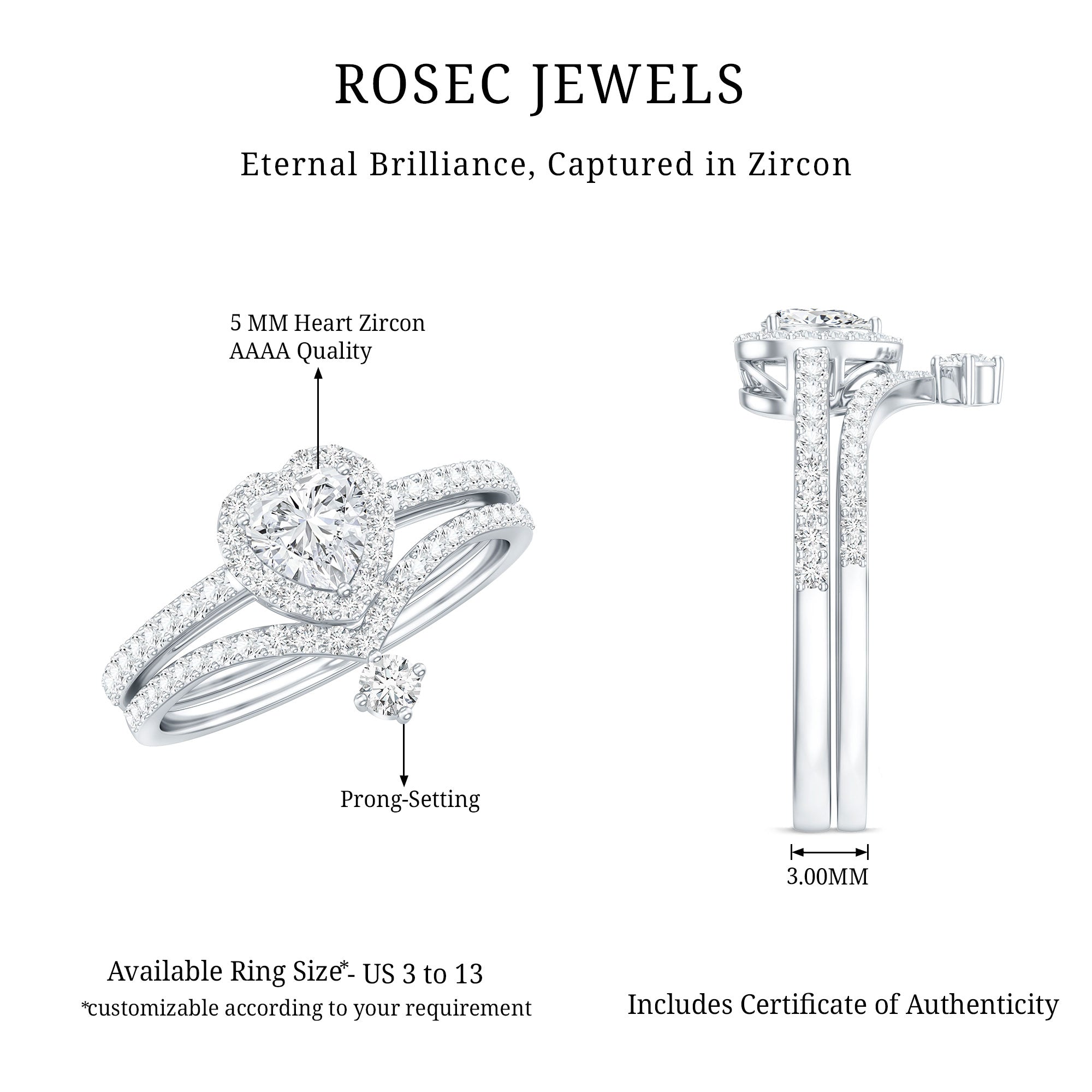 Cubic Zirconia Heart Ring Set with V Shape Band AAAA - Rosec Jewels