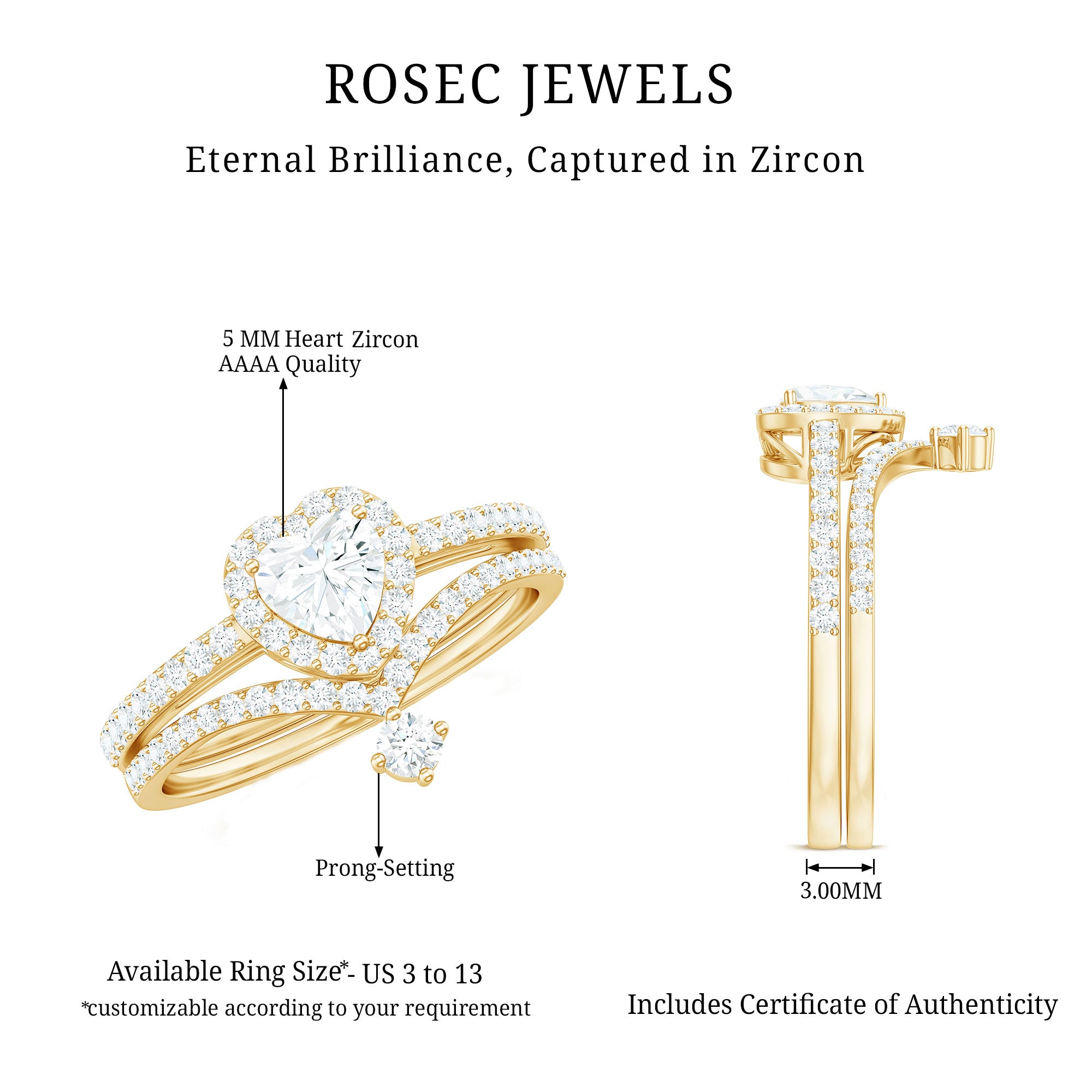 Cubic Zirconia Heart Ring Set with V Shape Band AAAA - Rosec Jewels
