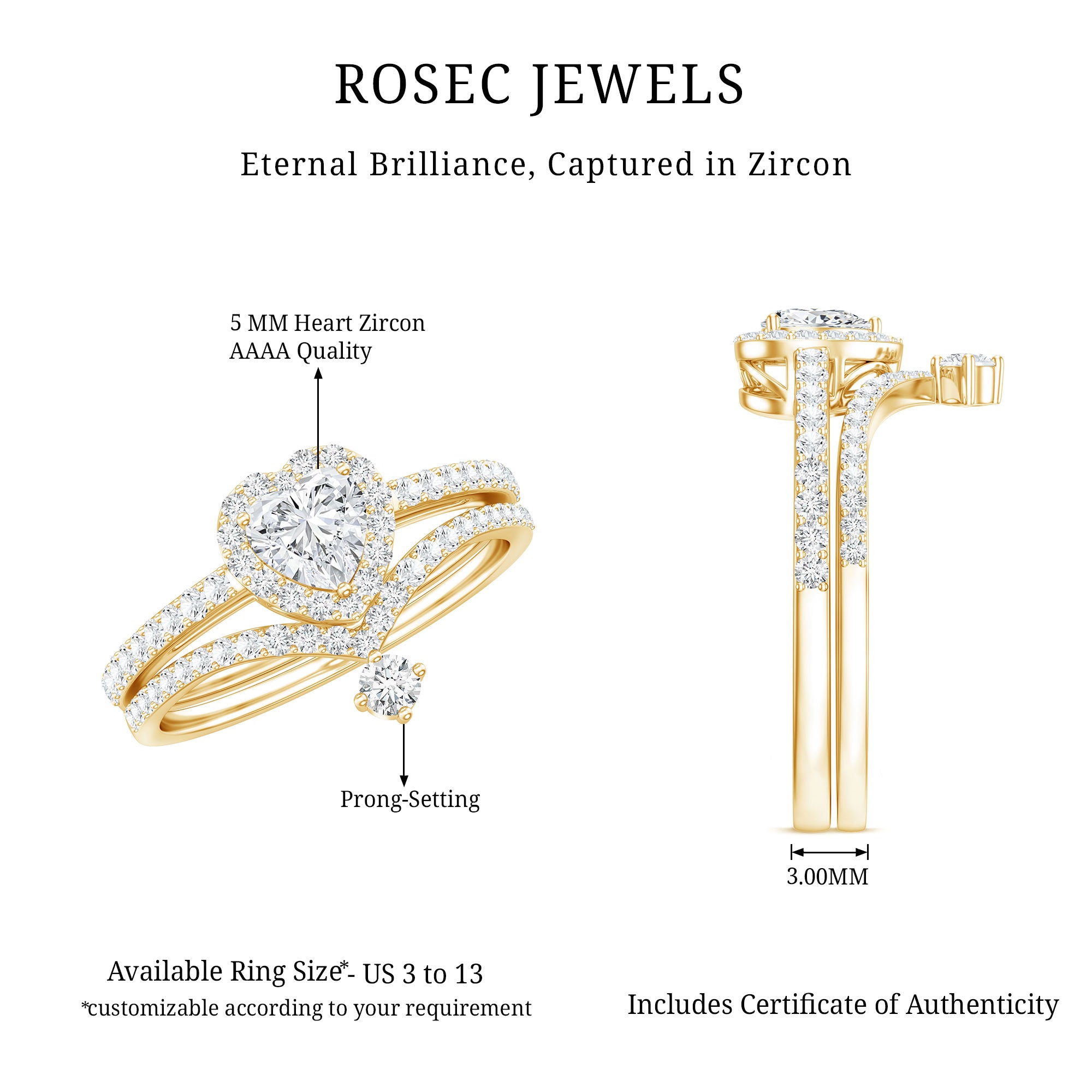 Cubic Zirconia Heart Ring Set with V Shape Band AAAA - Rosec Jewels