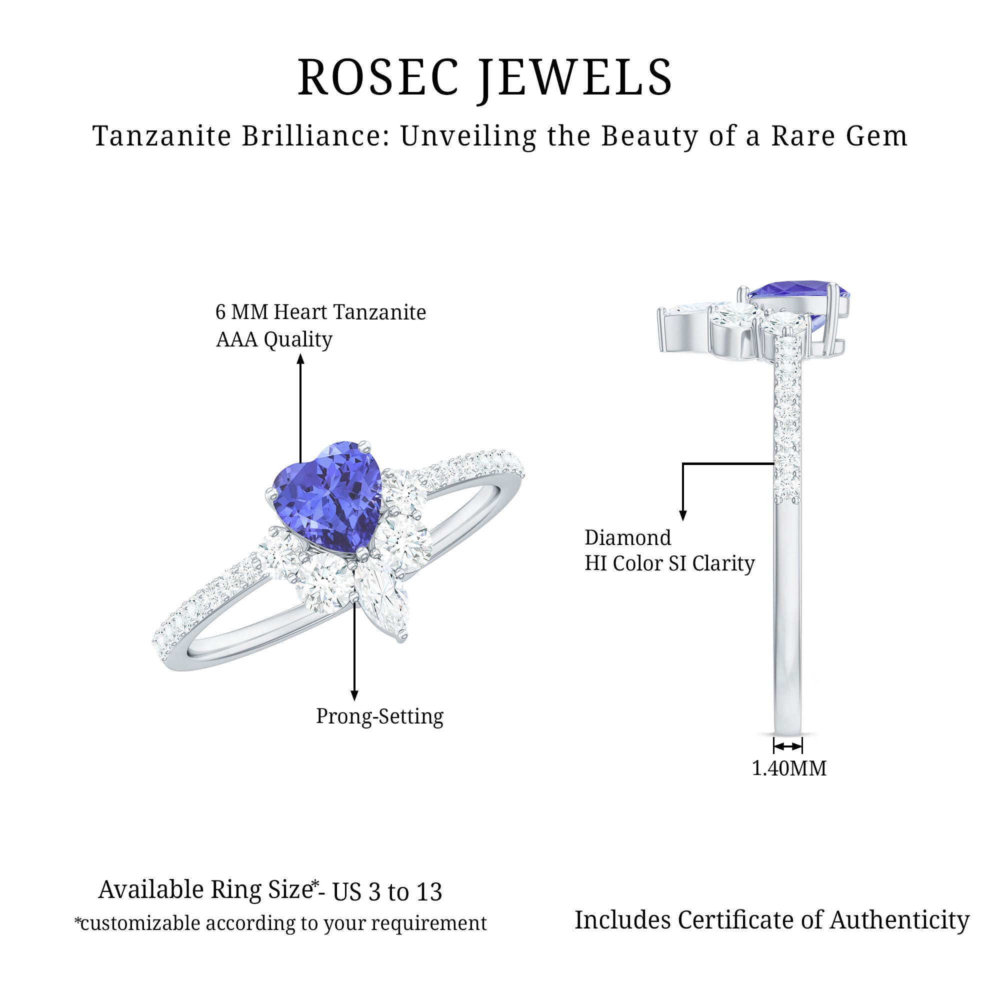 Rosec Jewels-Natural Tanzanite Diamond Heart Promise Ring for Engagement