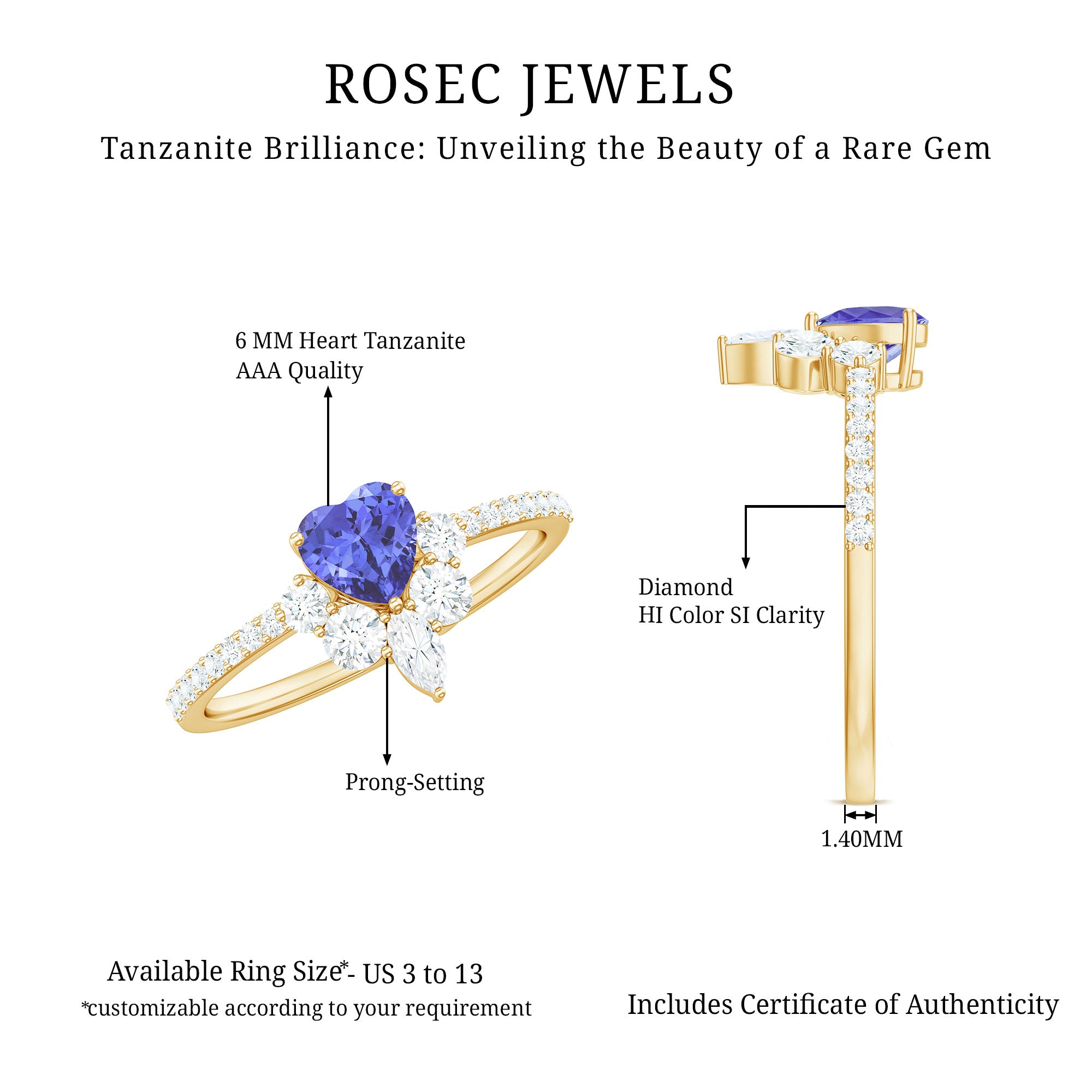 Rosec Jewels-Natural Tanzanite Diamond Heart Promise Ring for Engagement