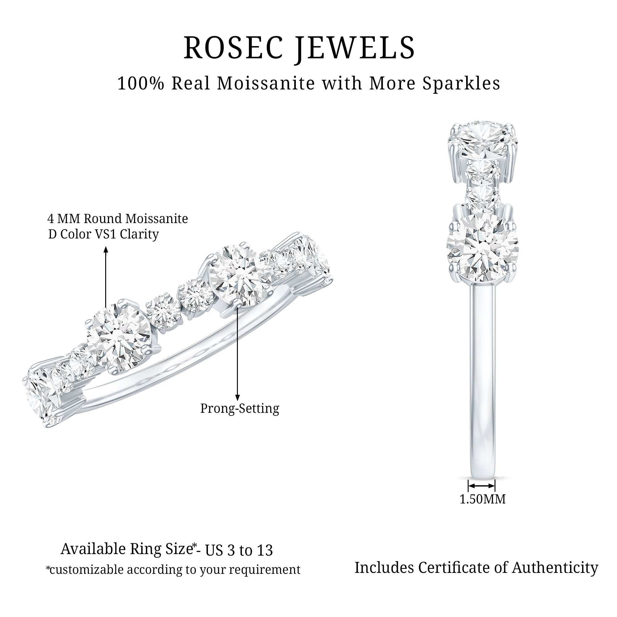 Rosec Jewels-Round Moissanite Half Eternity Wedding Band