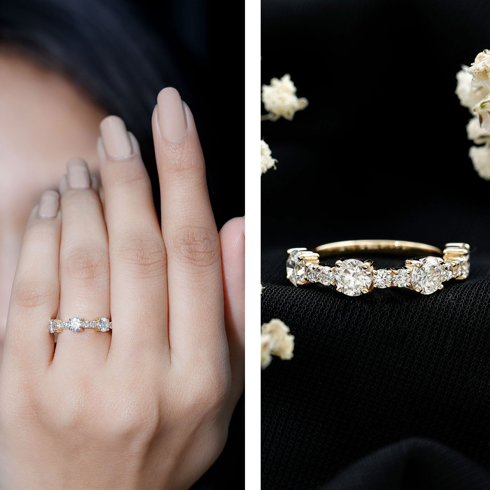 Rosec Jewels-Round Moissanite Half Eternity Wedding Band