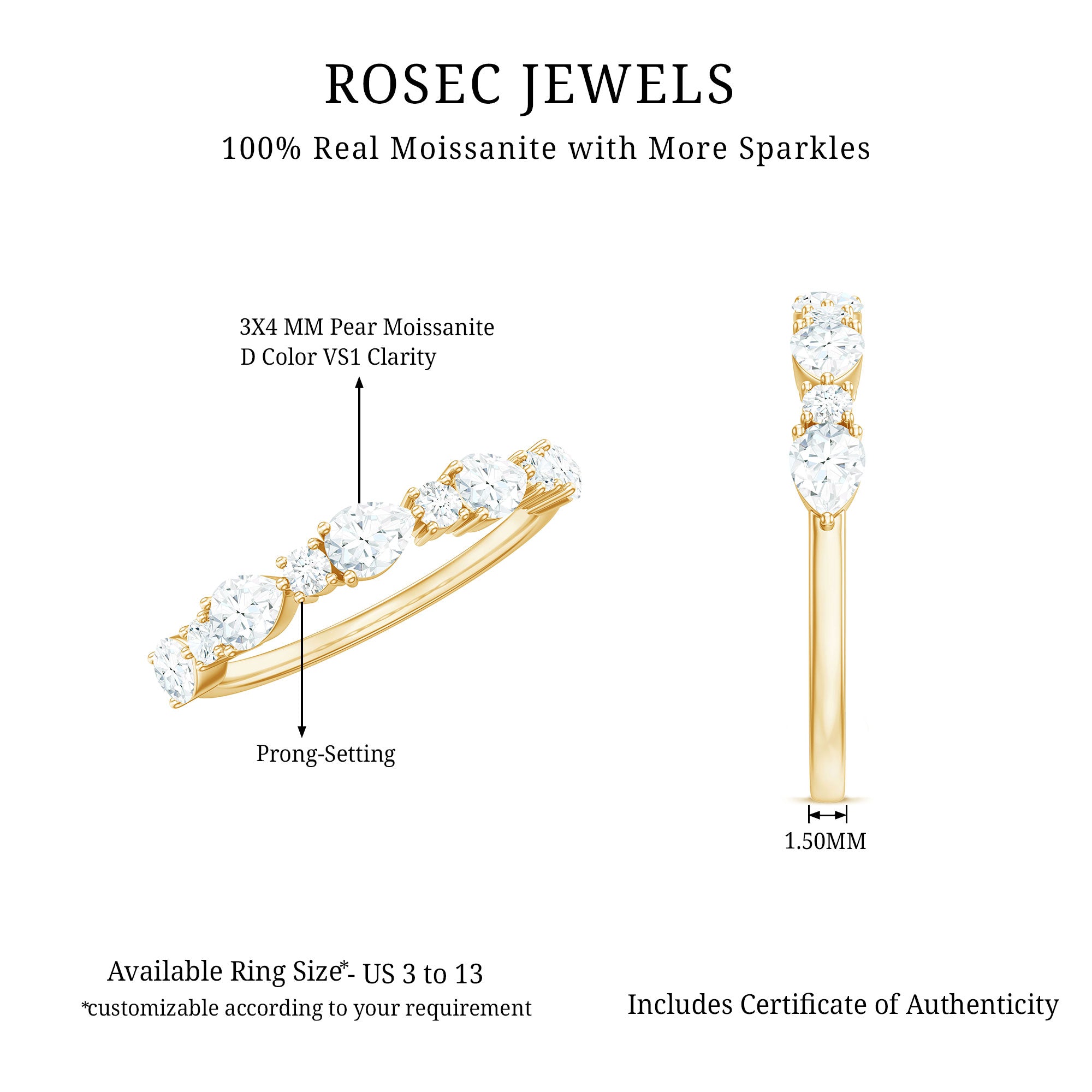 Certified Moissanite Half Eternity Stackable Ring for Women D-VS1 - Rosec Jewels