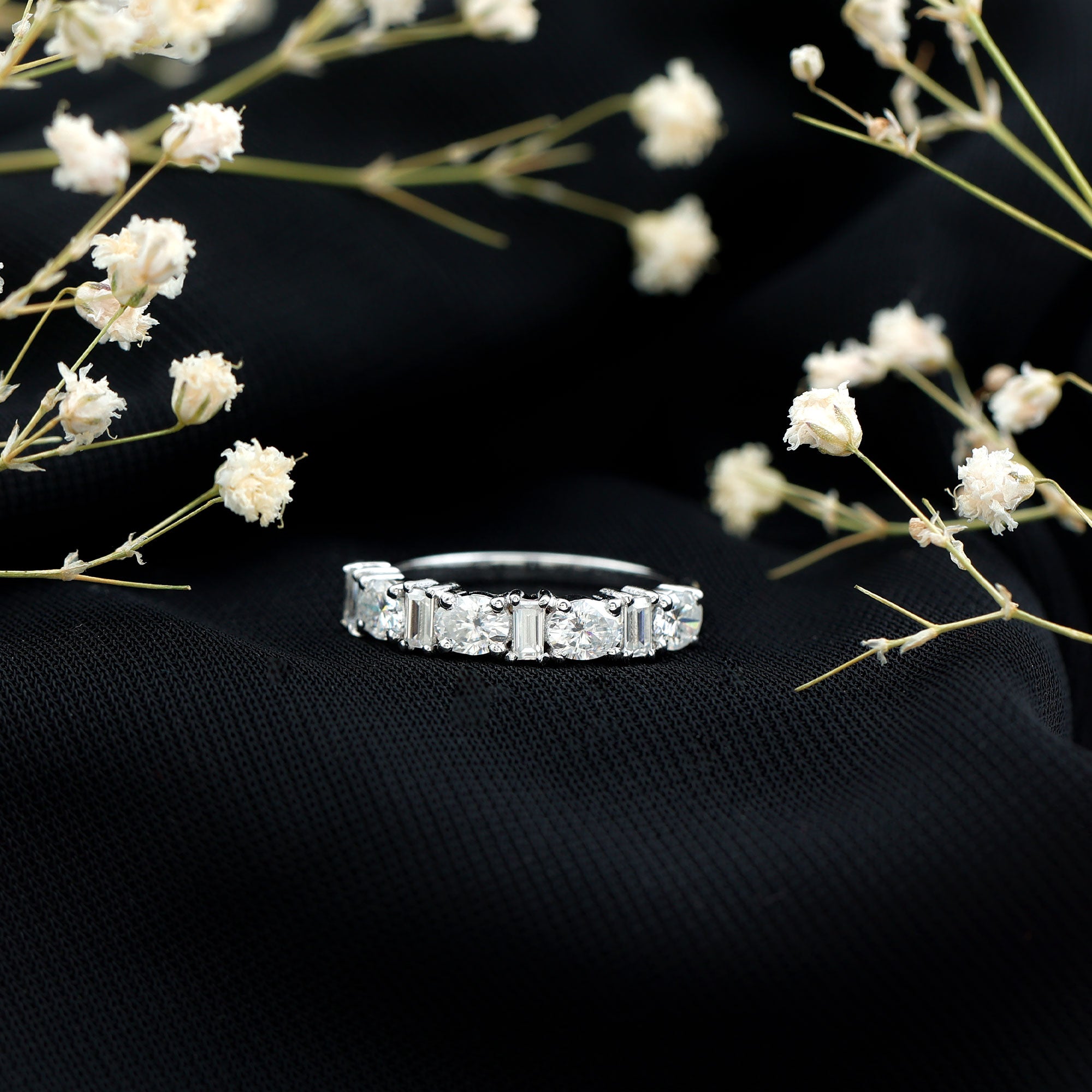 Certified Baguette and Oval Cut Moissanite Half Eternity Band D-VS1 - Rosec Jewels