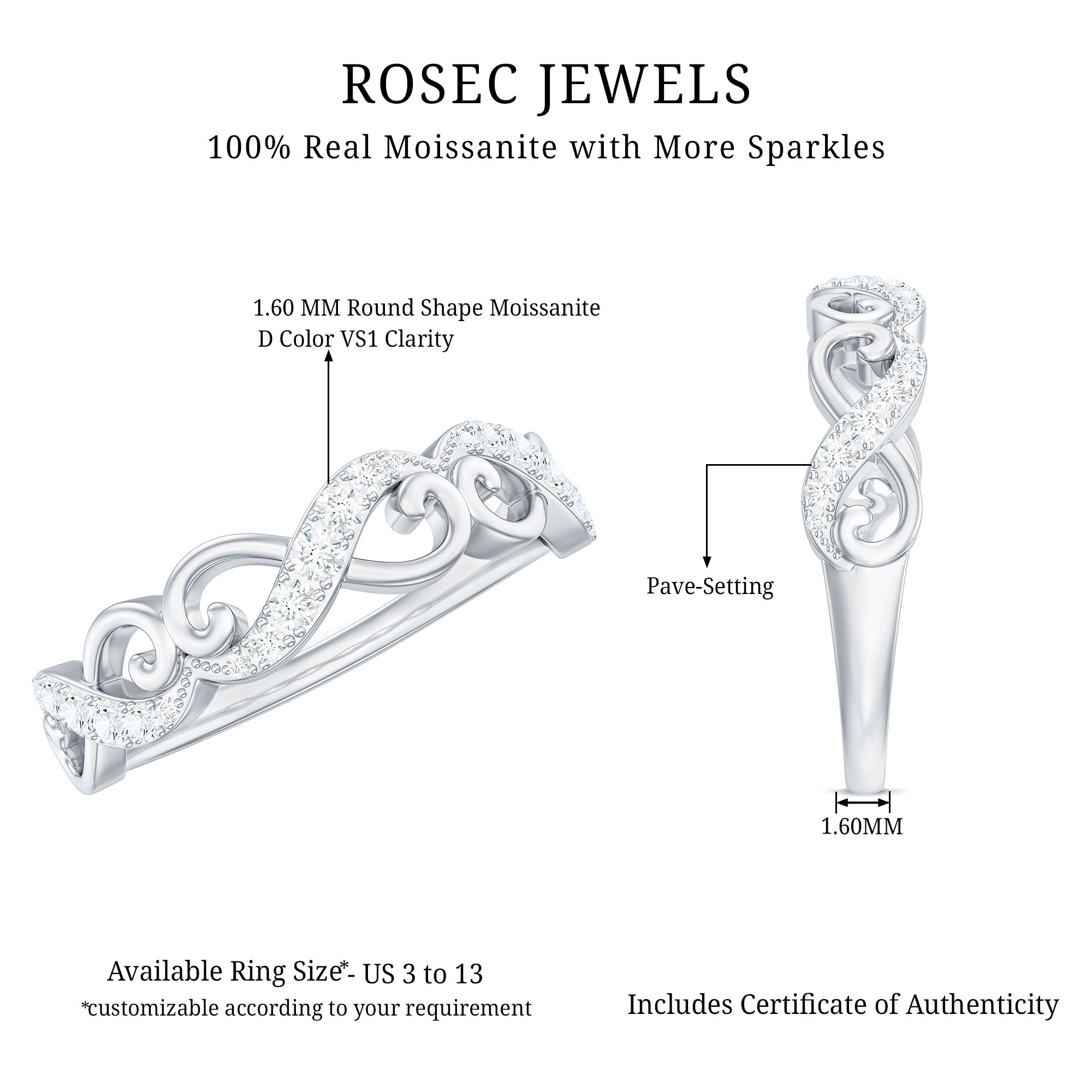 Vintage Inspired Moissanite Infinity Wedding Band Ring D-VS1 - Rosec Jewels