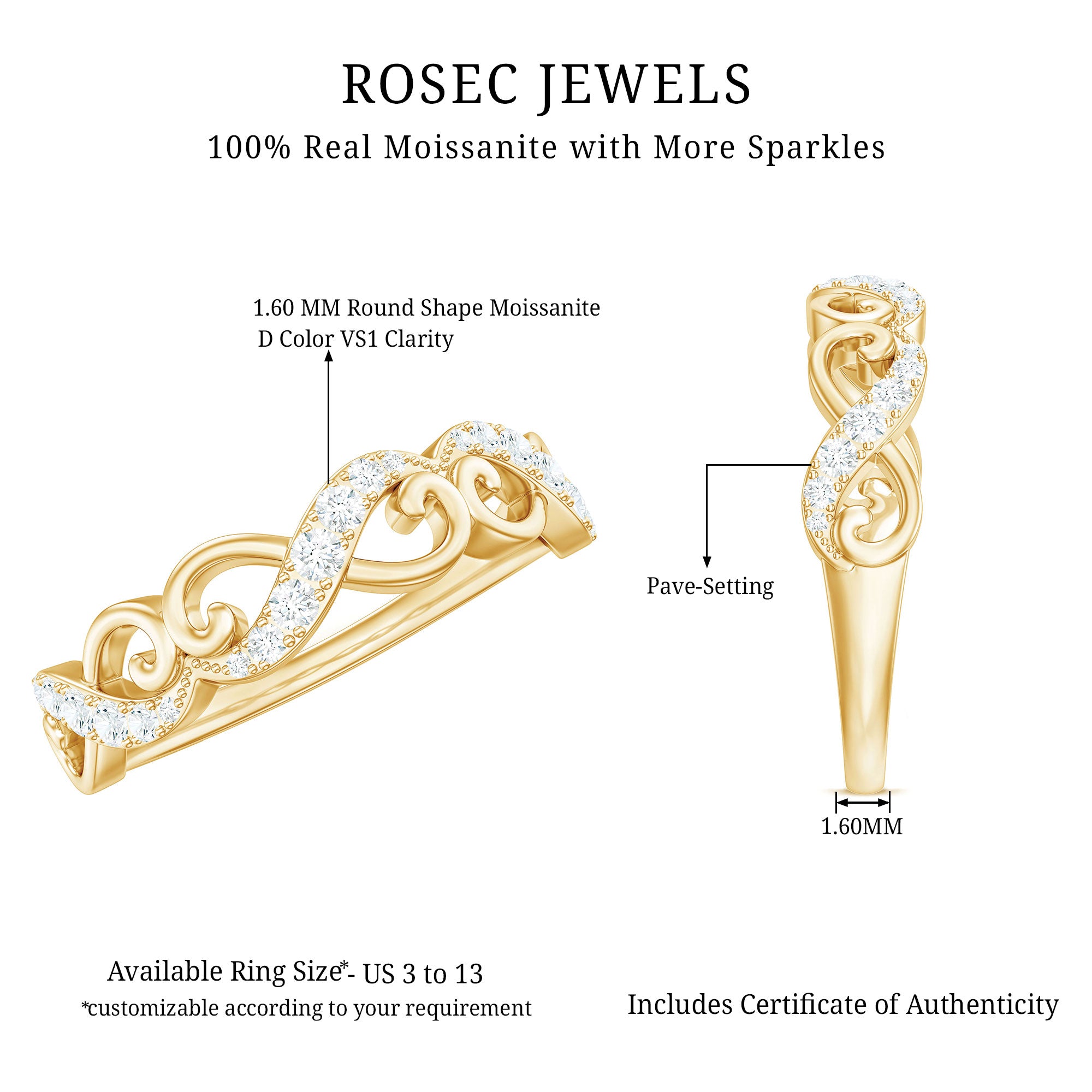 Vintage Inspired Moissanite Infinity Wedding Band Ring D-VS1 - Rosec Jewels