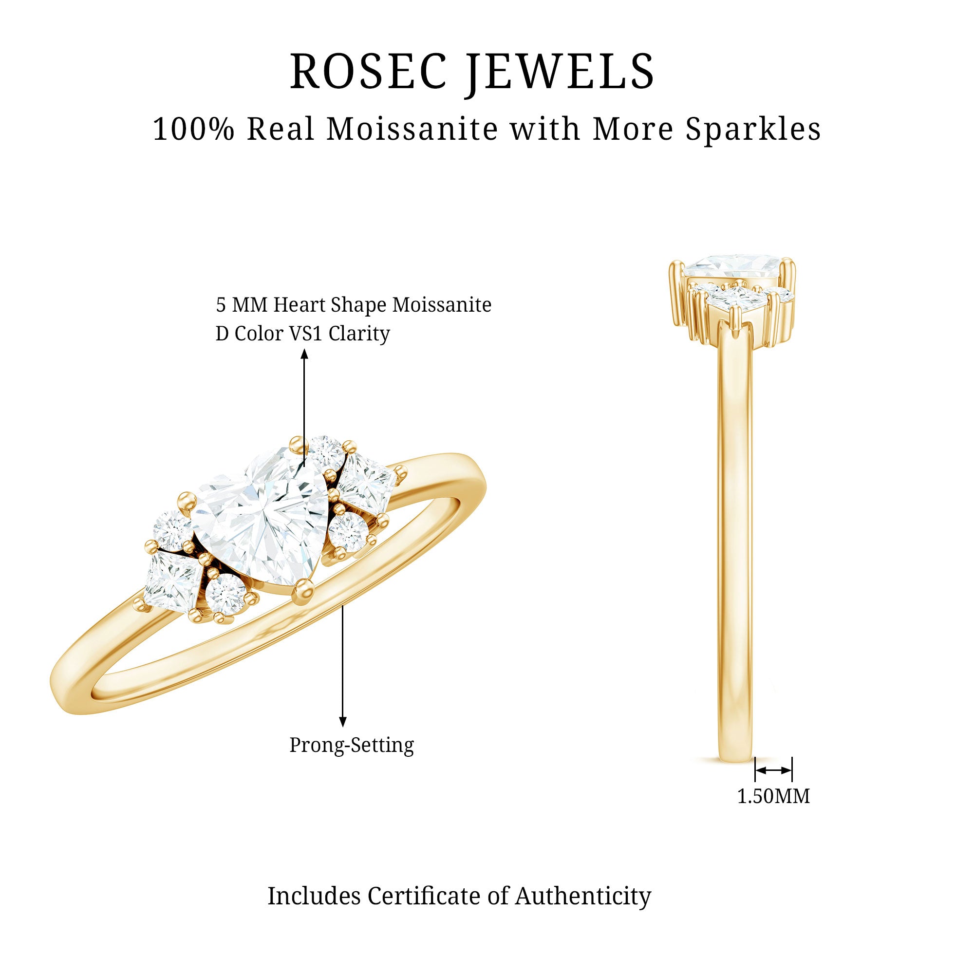 Rosec Jewels-Heart Shape Moissanite Engagement Ring with Cluster Stones
