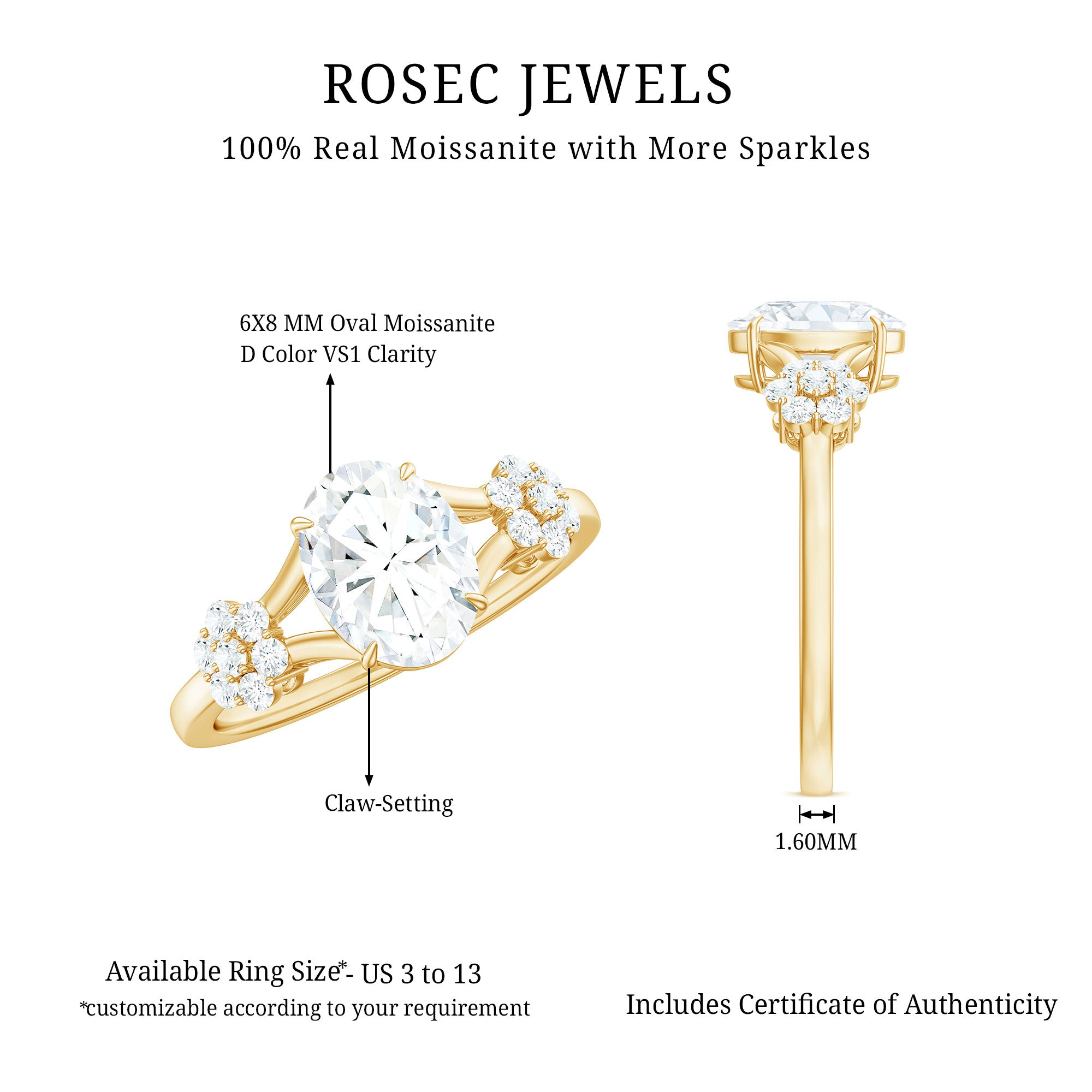 Oval Cut Moissanite Flower Engagement Ring in Split Shank D-VS1 - Rosec Jewels