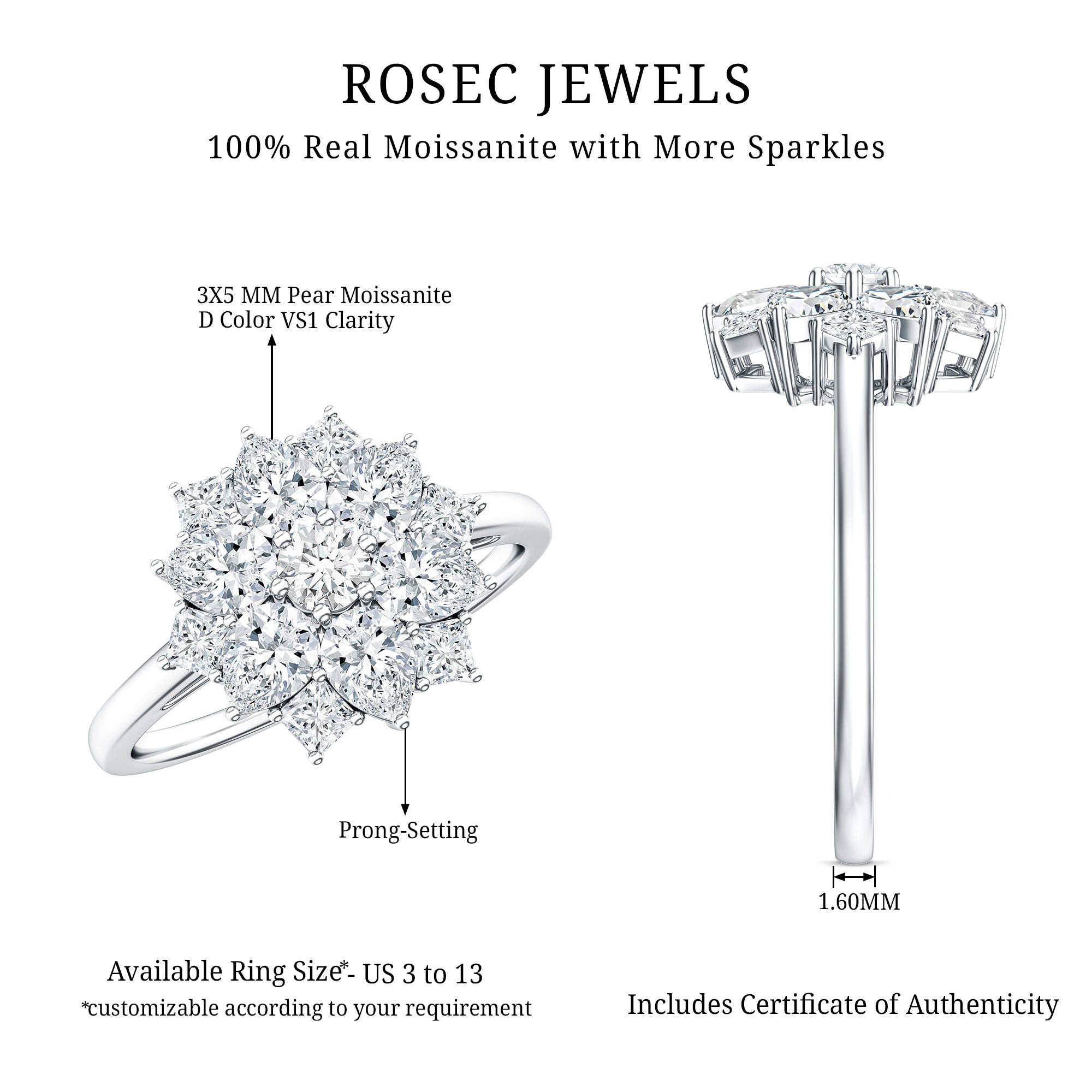 Womens Moissanite Flower Engagement Ring with Certificate D-VS1 - Rosec Jewels