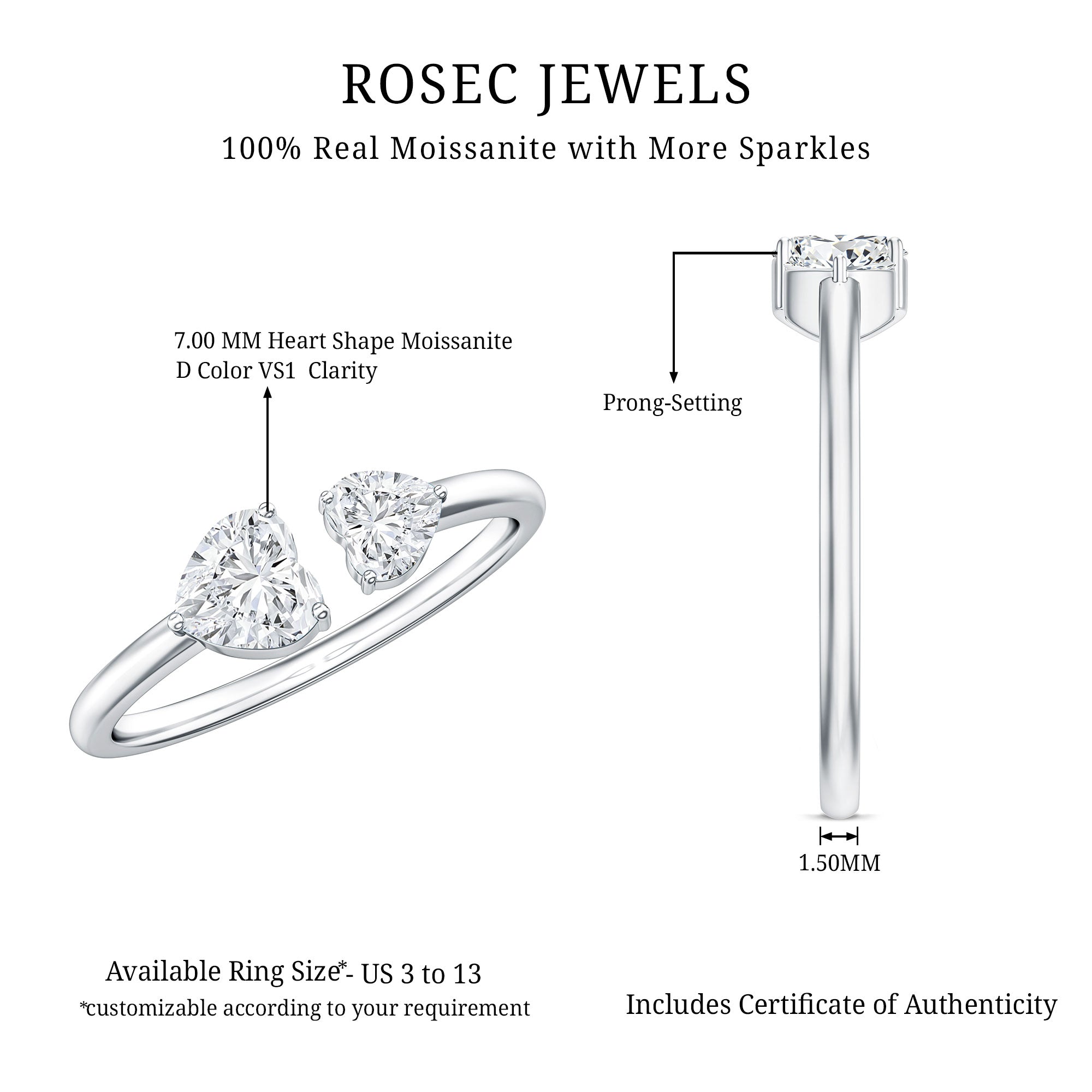Heart Shape Moissanite Two Stone Cuff Ring D-VS1 - Rosec Jewels