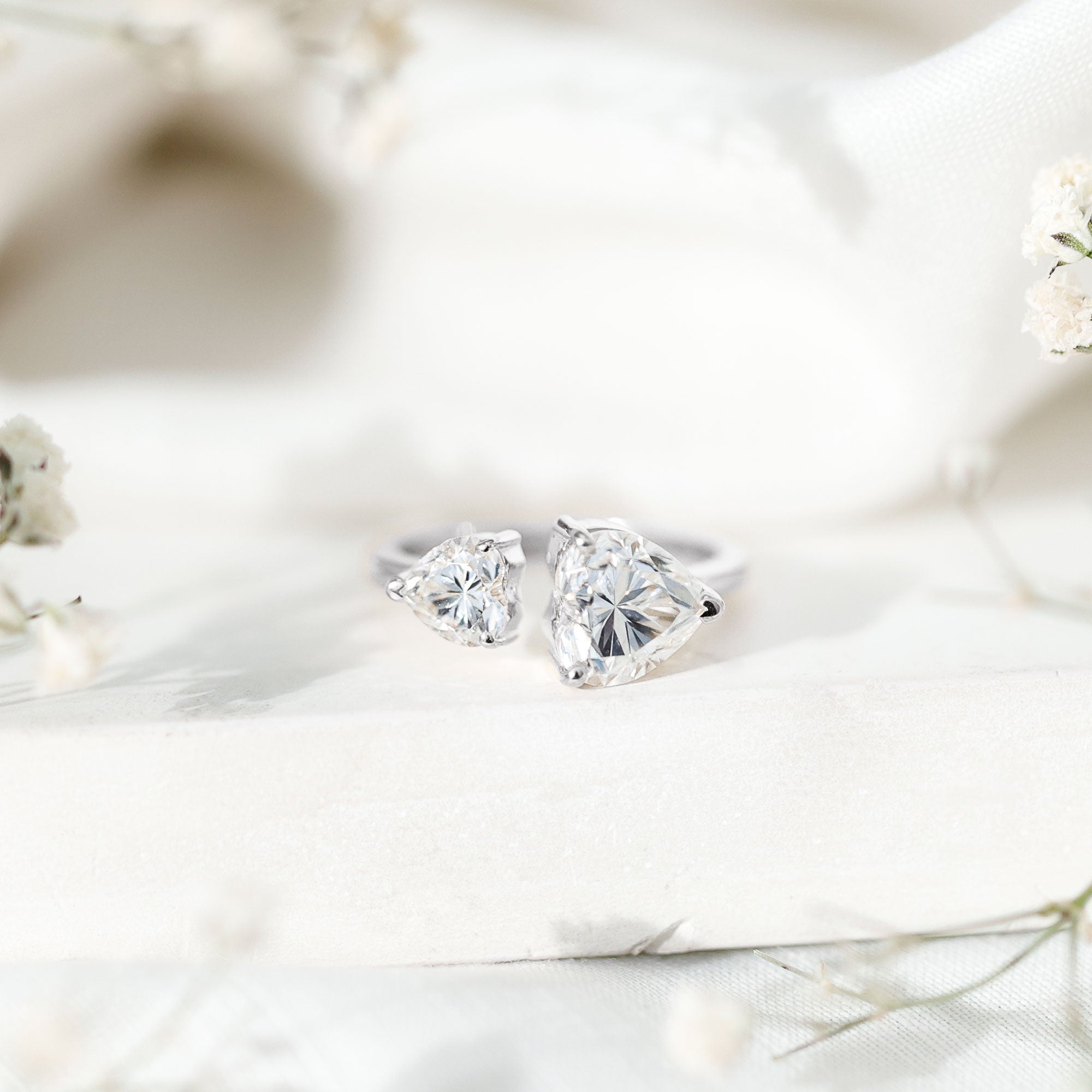 Heart Shape Moissanite Two Stone Cuff Ring D-VS1 - Rosec Jewels