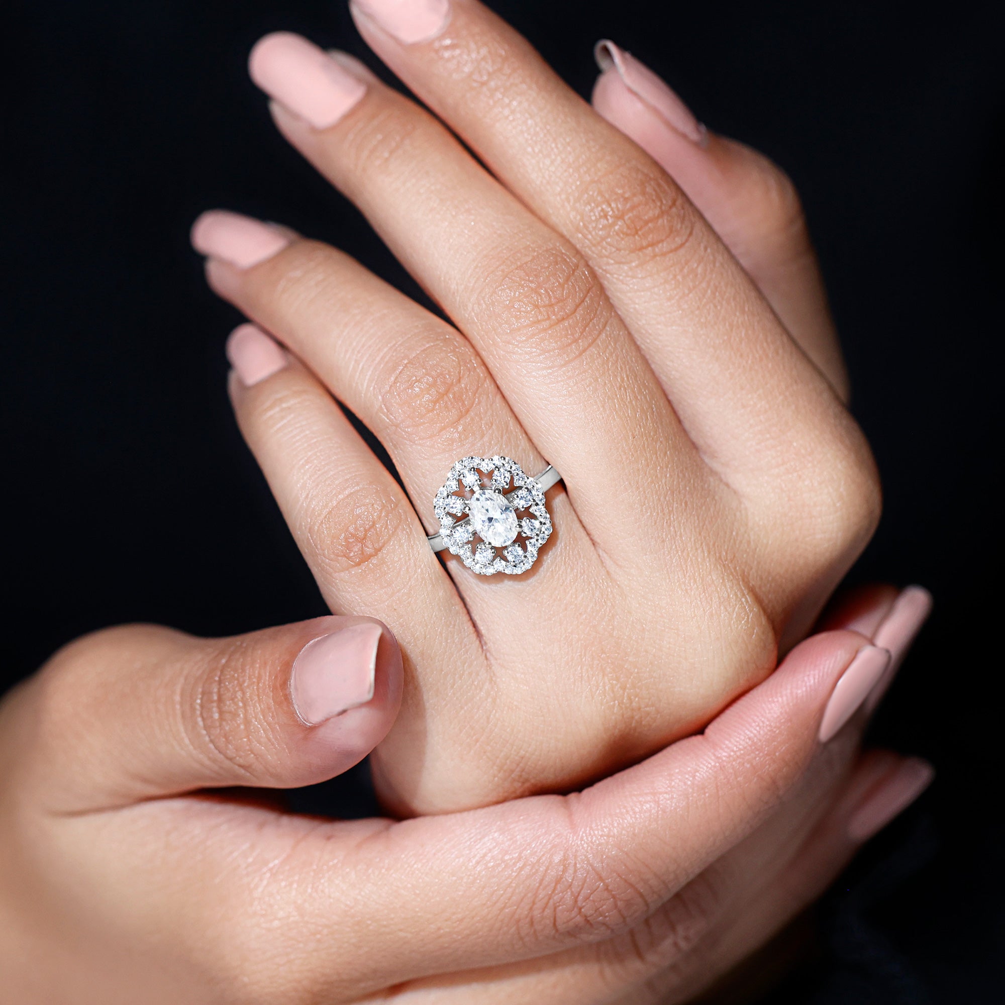 Rosec Jewels-Oval Shaped Moissanite Flower Engagement Ring