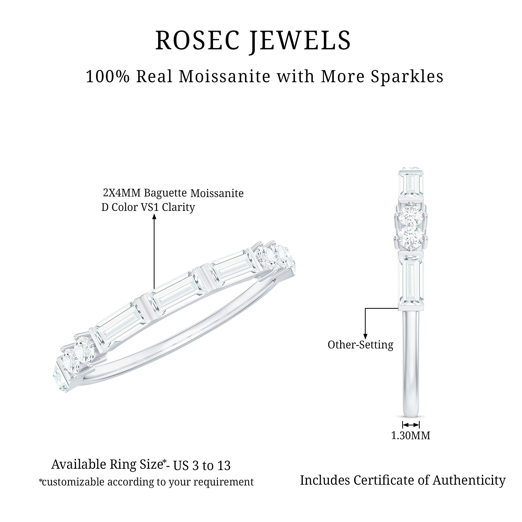Baguette Cut Moissanite Minimalist Half Eternity Ring D-VS1 - Rosec Jewels