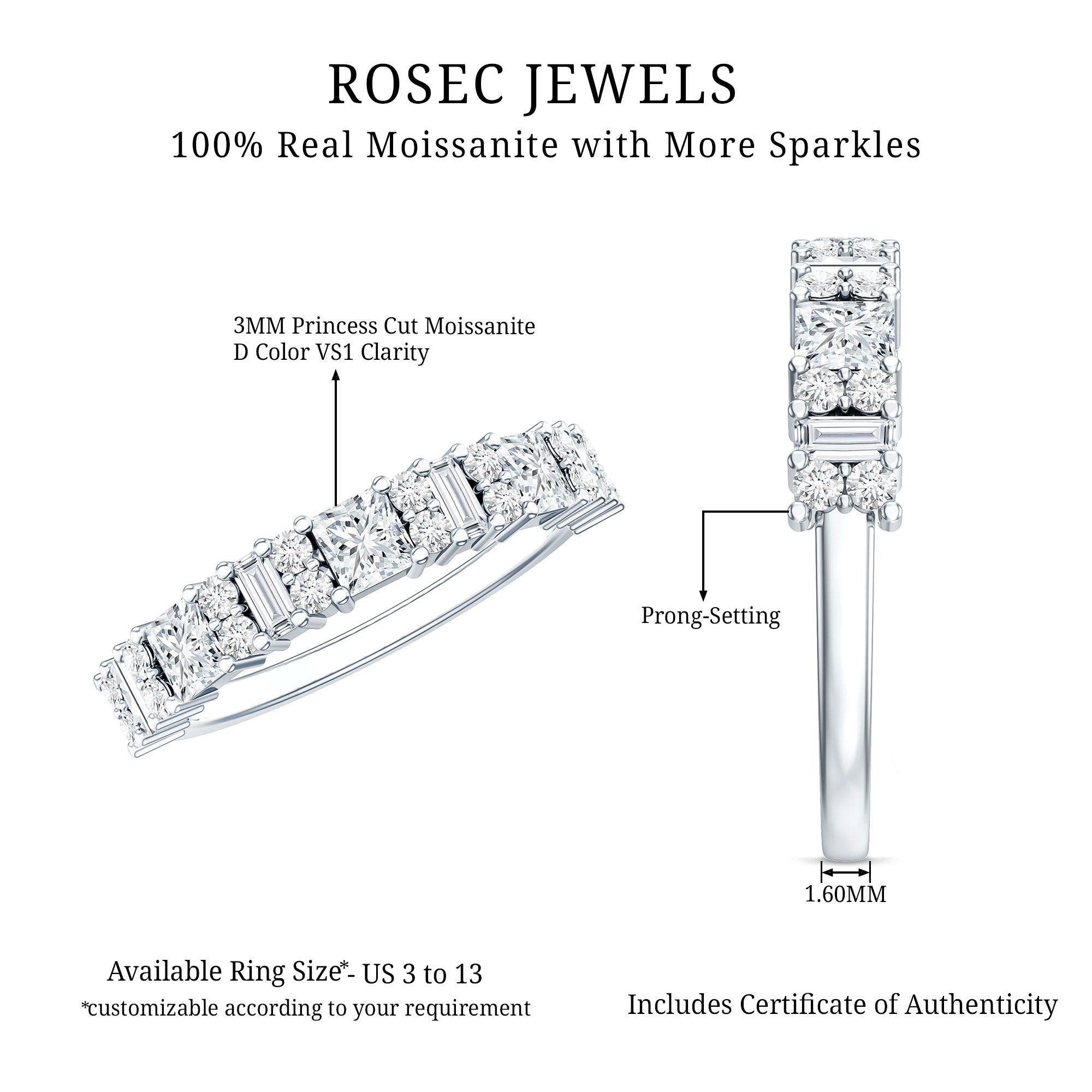 Certified Moissanite Half Eternity Wedding Band for Women D-VS1 - Rosec Jewels