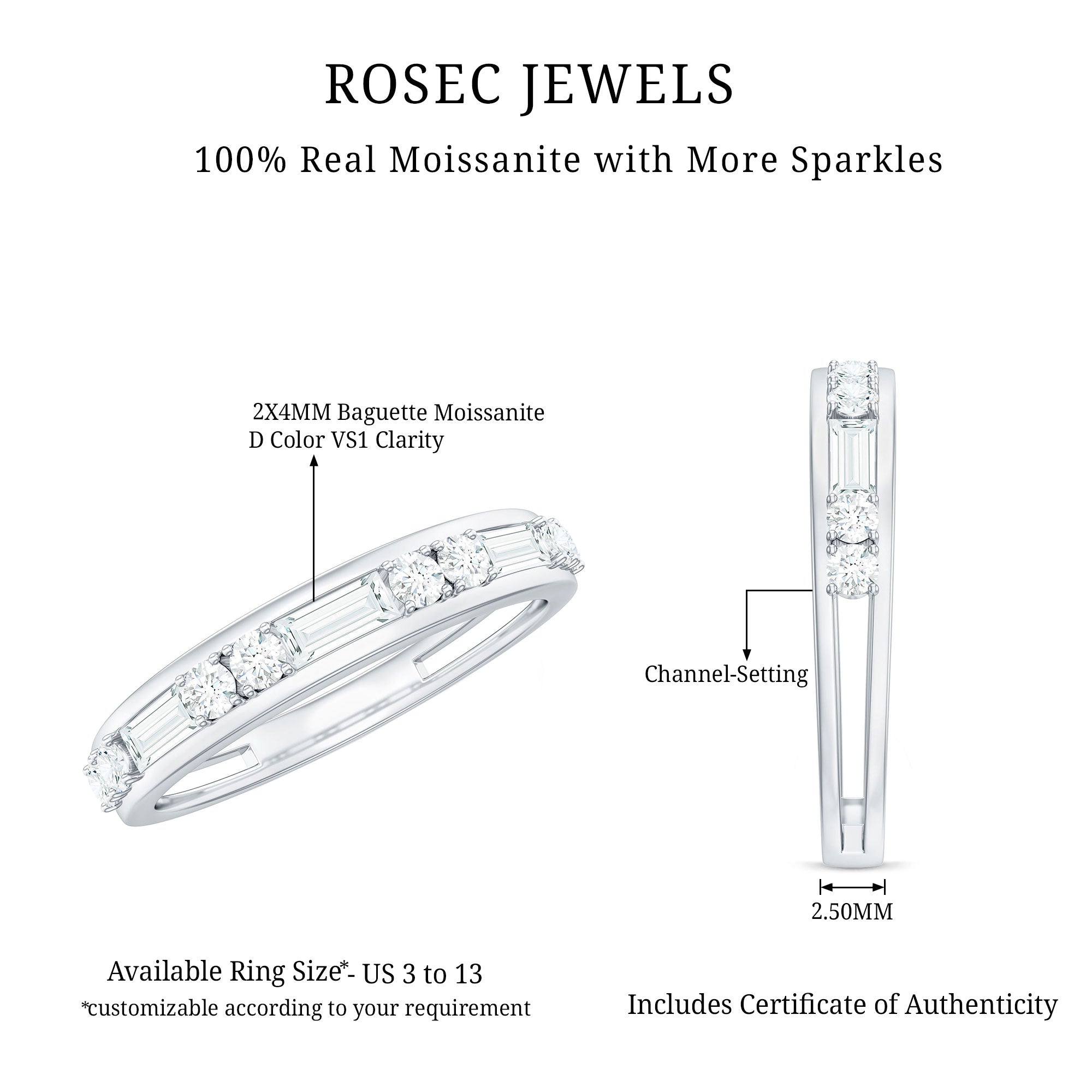 Moissanite Half Eternity Stackable Band Ring D-VS1 - Rosec Jewels