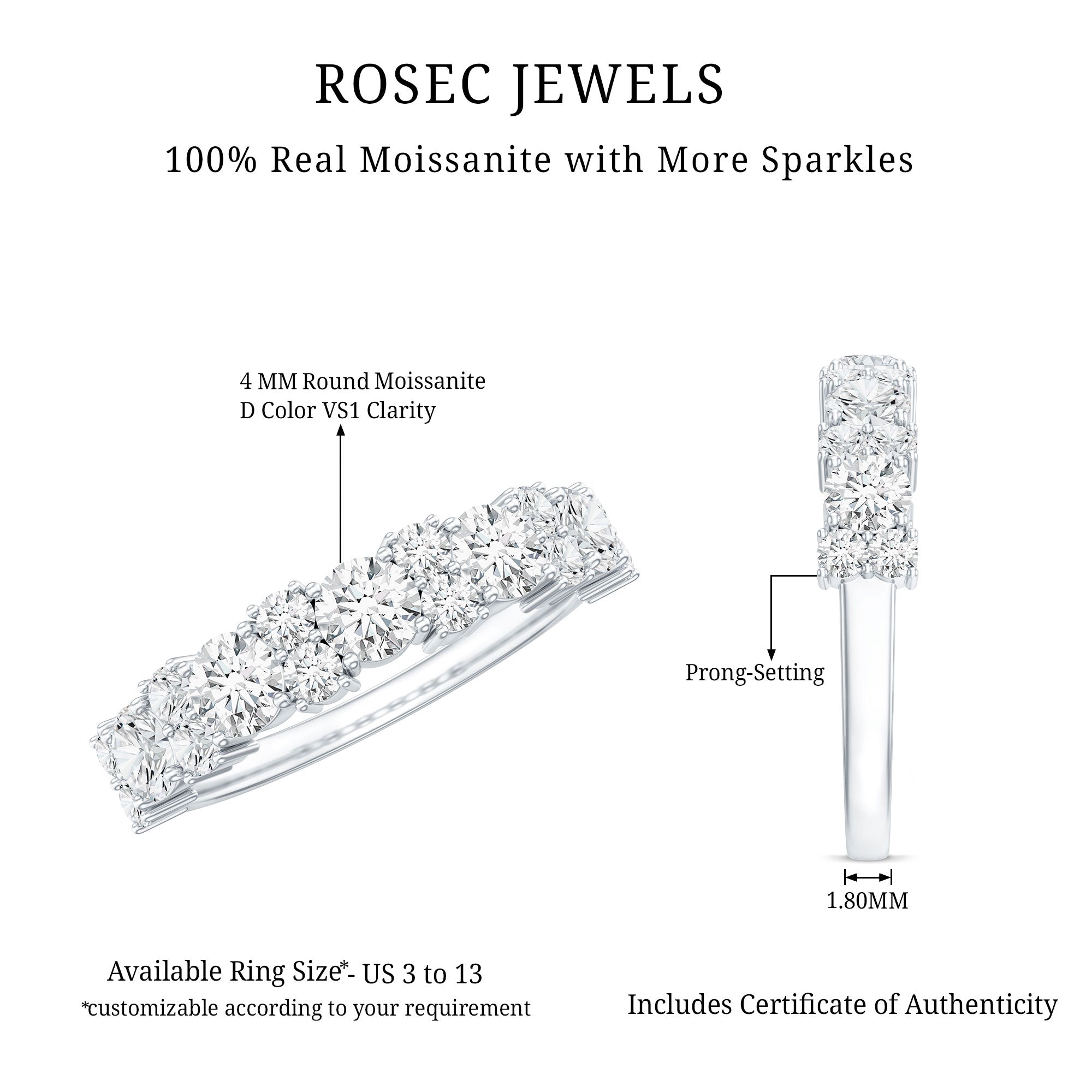 Moissanite Half Eternity Wedding Band with Certificate D-VS1 - Rosec Jewels