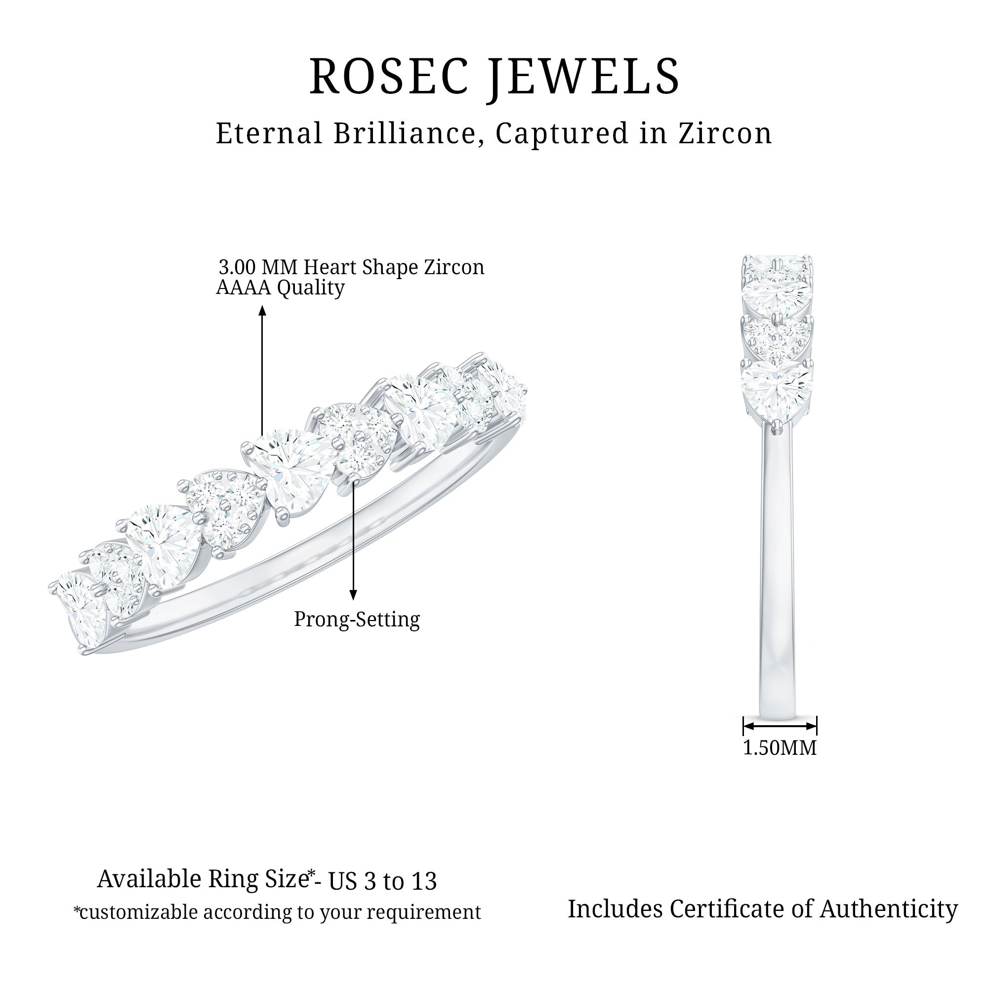 Simulated Diamond Heart Shape Half Eternity Ring AAAA - Rosec Jewels