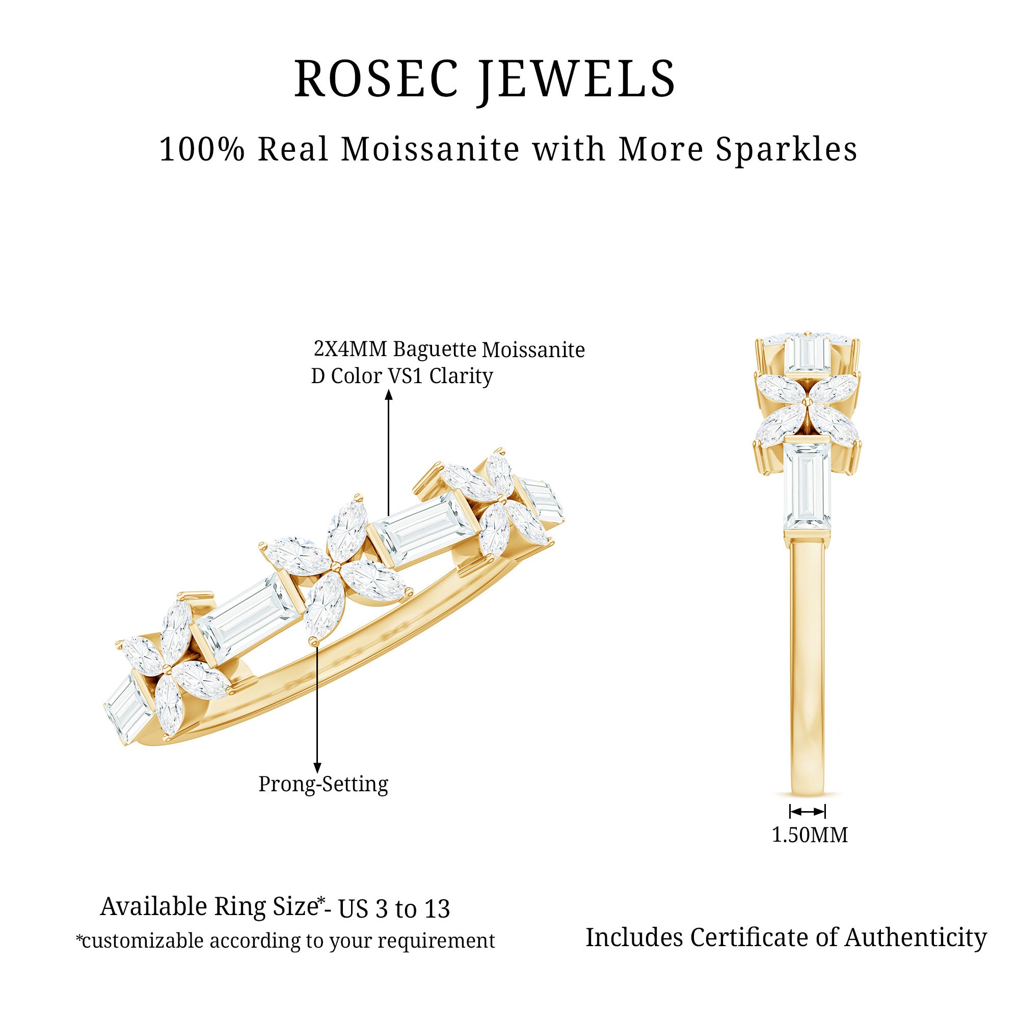 Rosec Jewels-Moissanite Flower Wedding Band Ring with Certificate