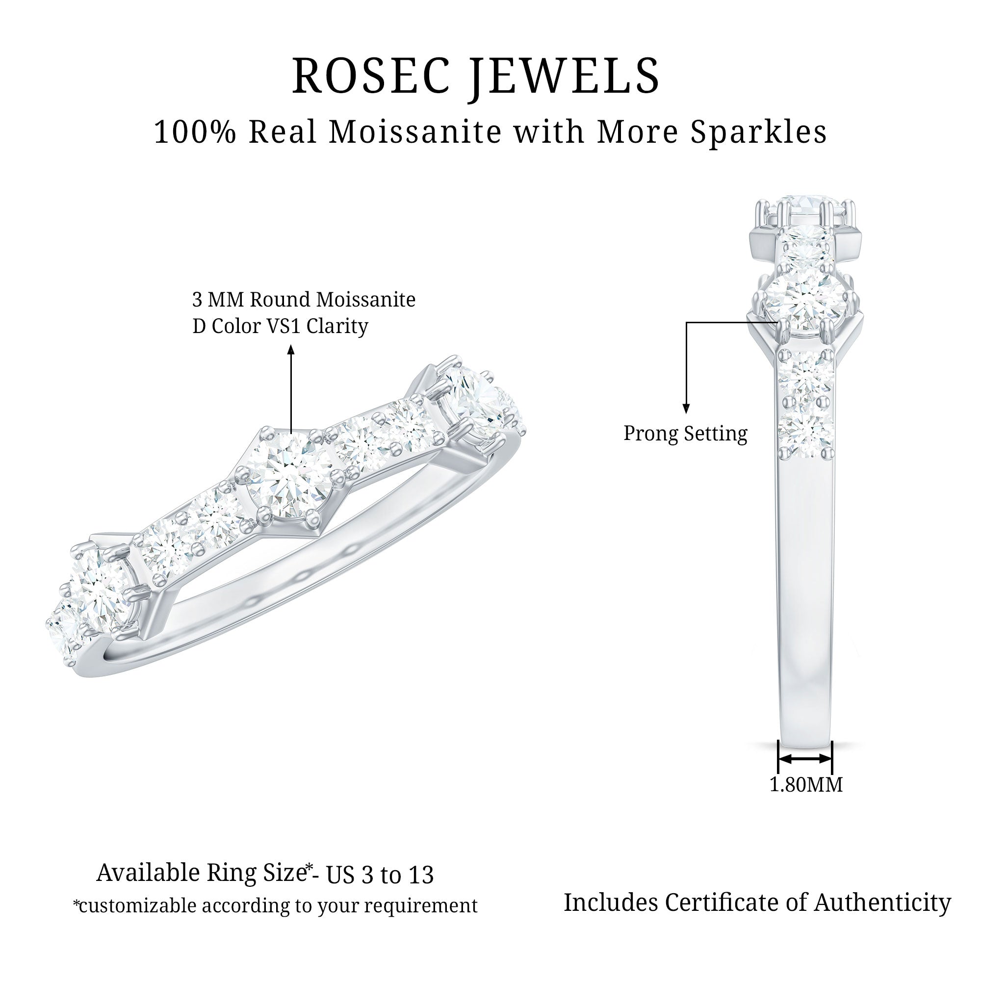 Rosec Jewels-Round Cut Moissanite Half Eternity Band Ring