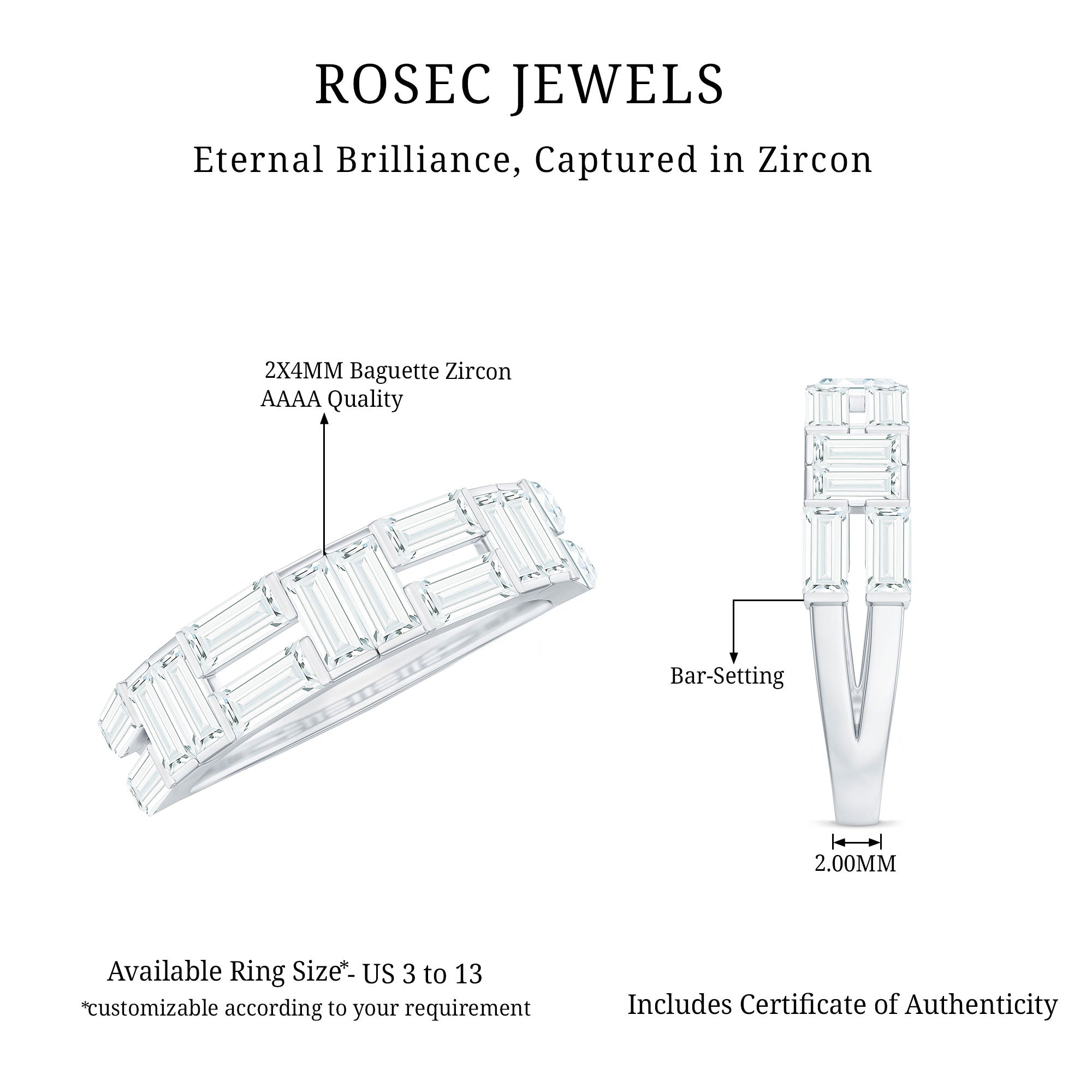 Baguette Cut Zirconia Half Eternity Wedding Band Ring AAAA - Rosec Jewels