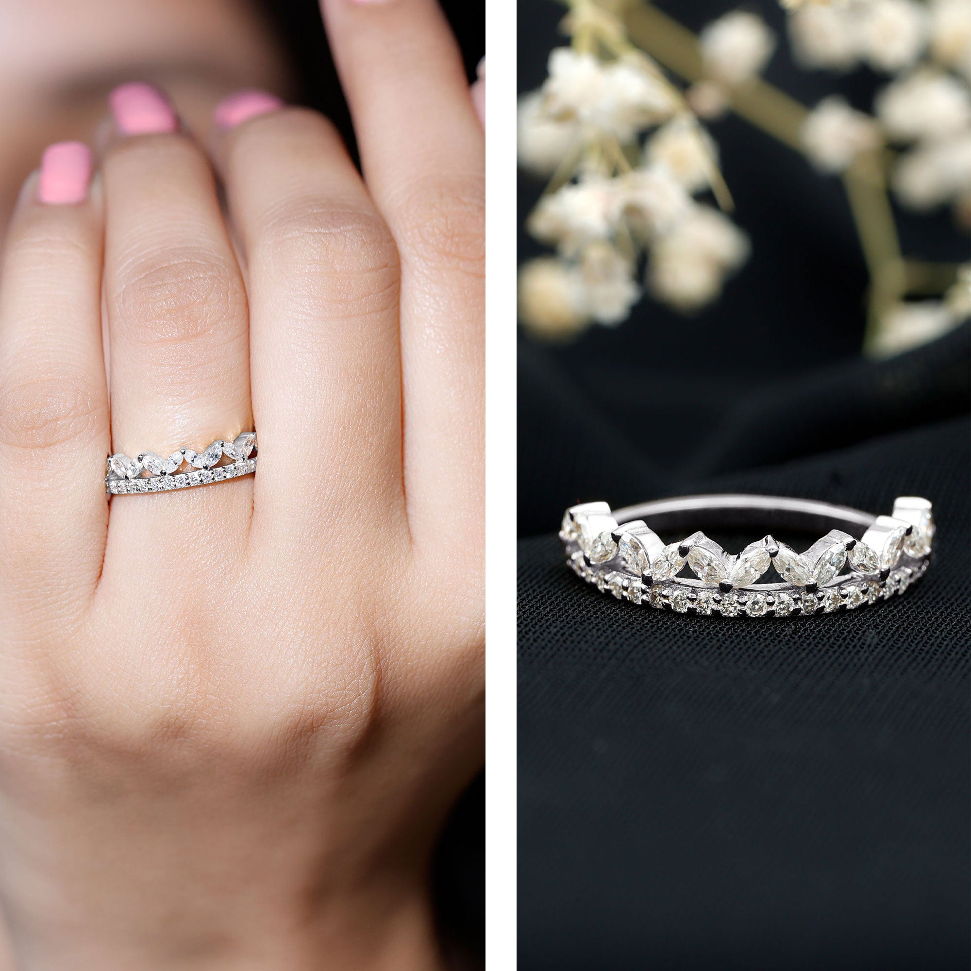 Certified Moissanite Half Eternity Wedding Band in Crown Style D-VS1 - Rosec Jewels