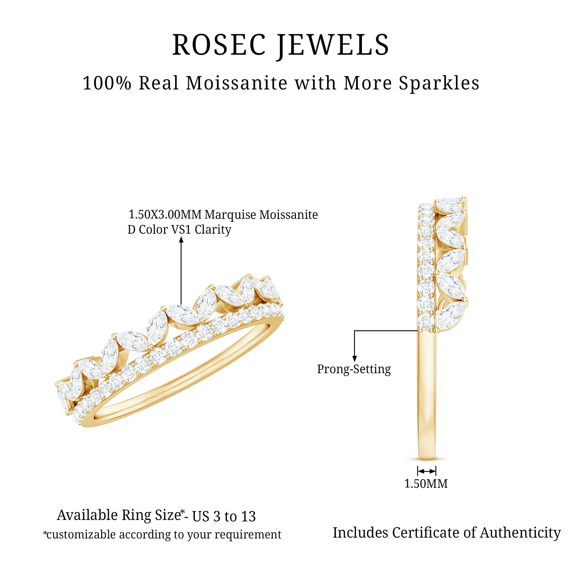 Certified Moissanite Half Eternity Wedding Band in Crown Style D-VS1 - Rosec Jewels
