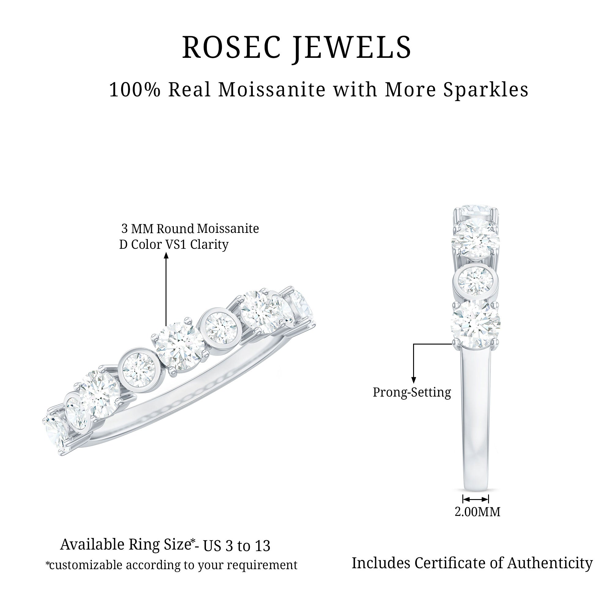 Certified Round Cut Moissanite Half Eternity Band Ring D-VS1 - Rosec Jewels