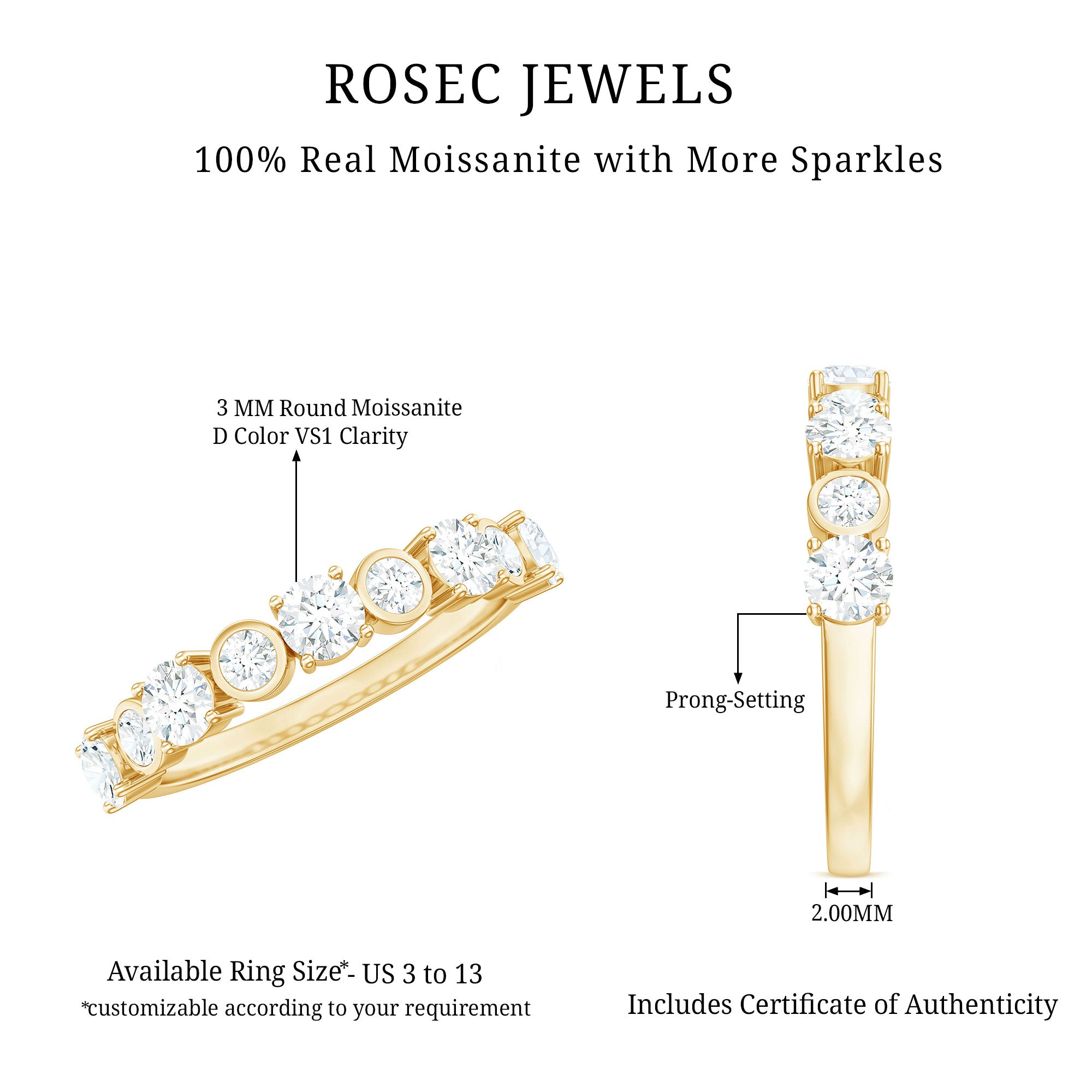 Certified Round Cut Moissanite Half Eternity Band Ring D-VS1 - Rosec Jewels