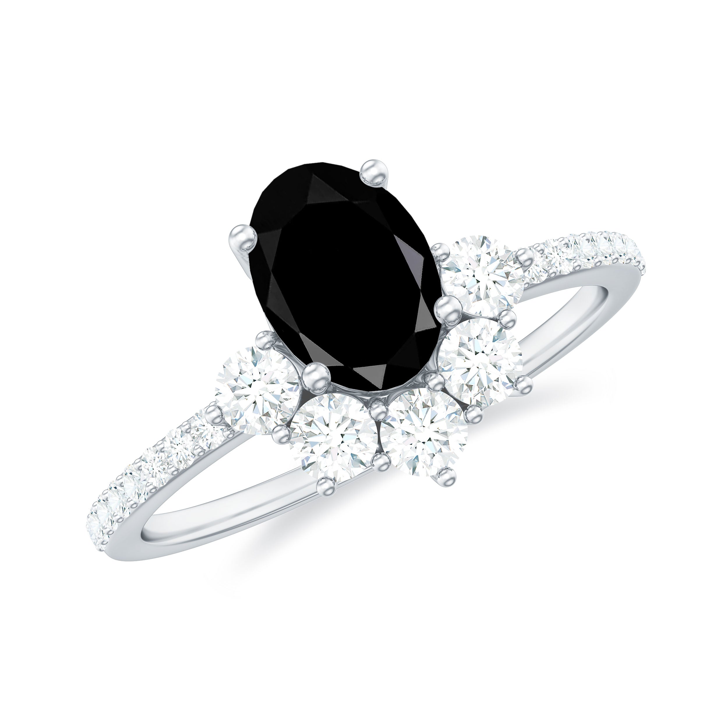 6X8mm Oval Cut Black Onyx Designer Engagement Ring with Diamond Half Halo