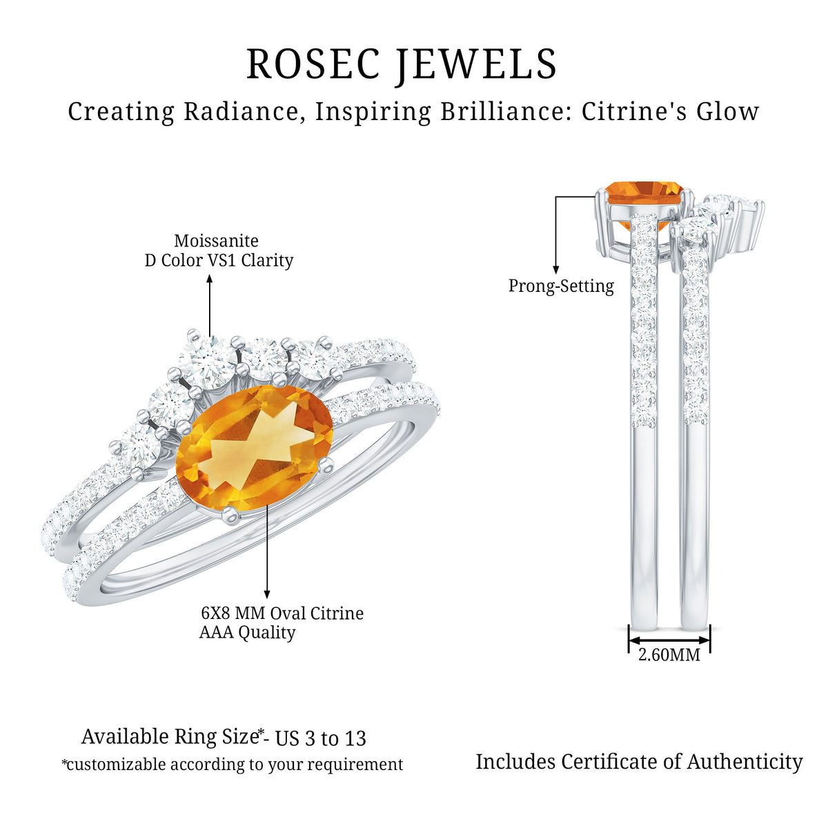 Natural Citrine Moissanite Oval Engagement Ring with Enhancer AAA - Rosec Jewels