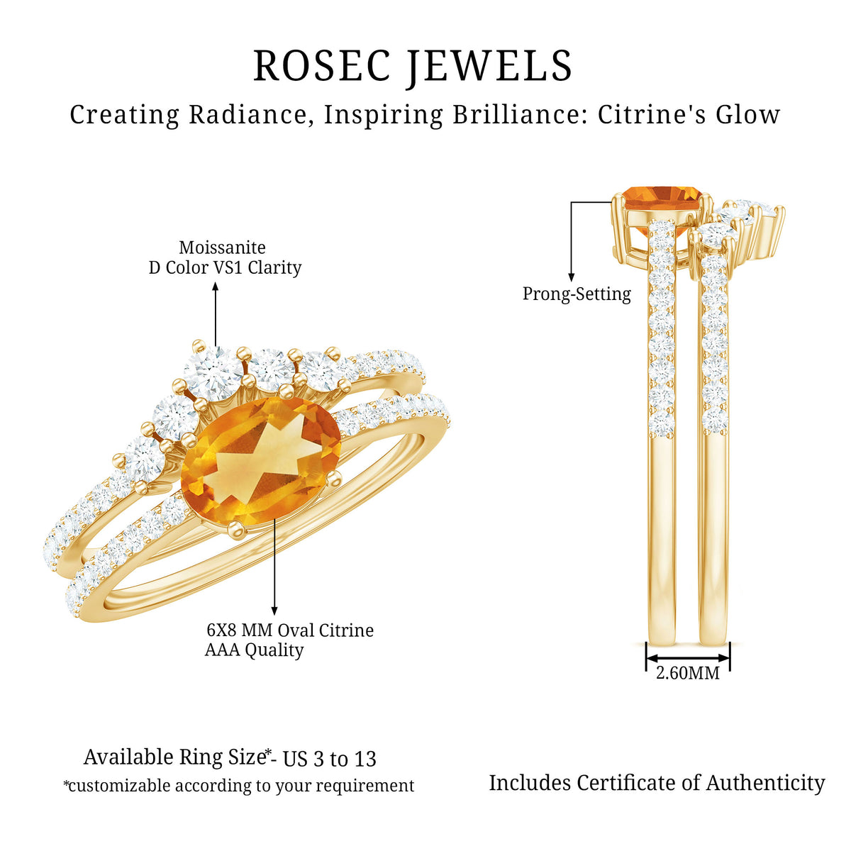 Natural Citrine Moissanite Oval Engagement Ring with Enhancer AAA - Rosec Jewels