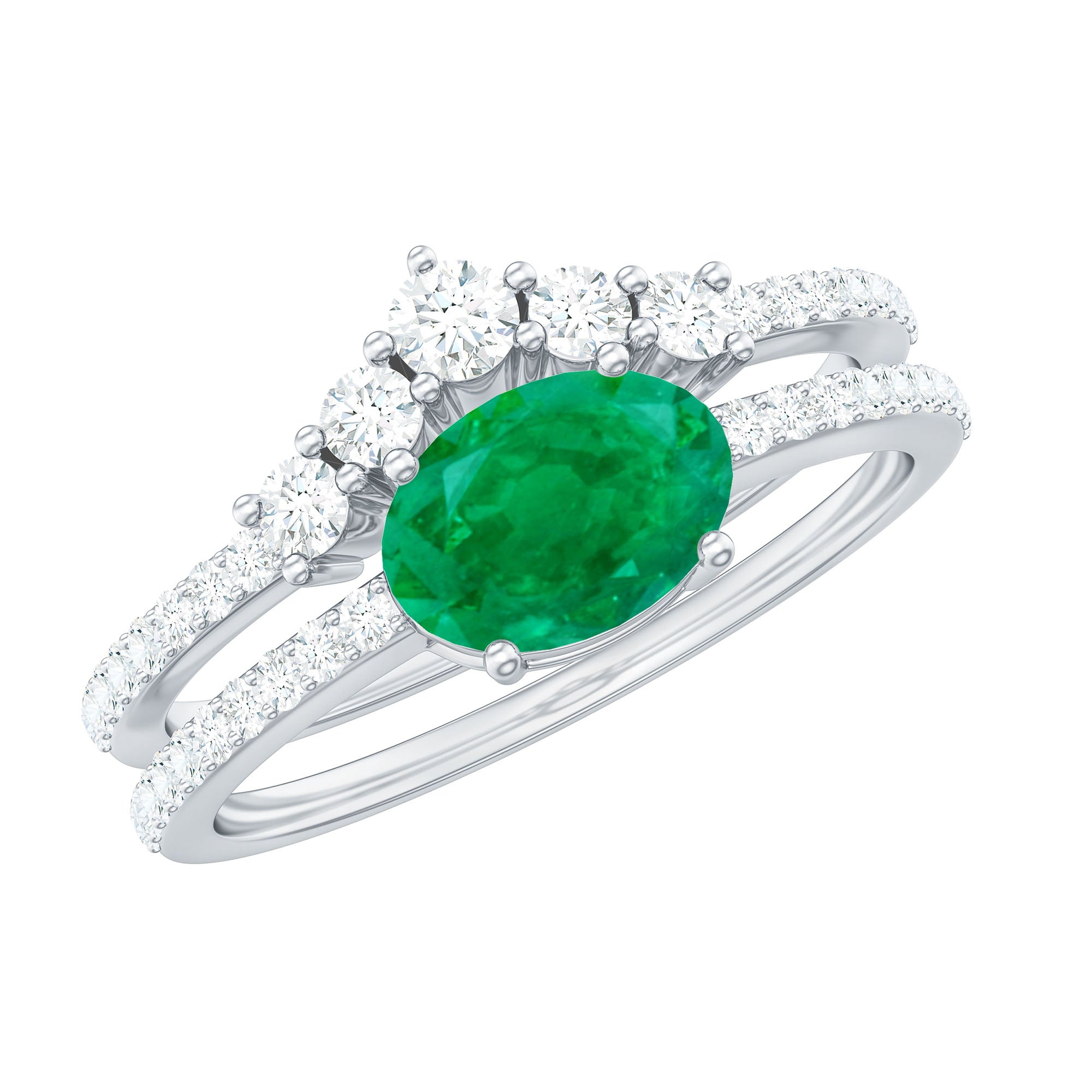 Natural Oval Emerald Diamond East West Engagement Ring and Wedding Band Set AAA - Rosec Jewels