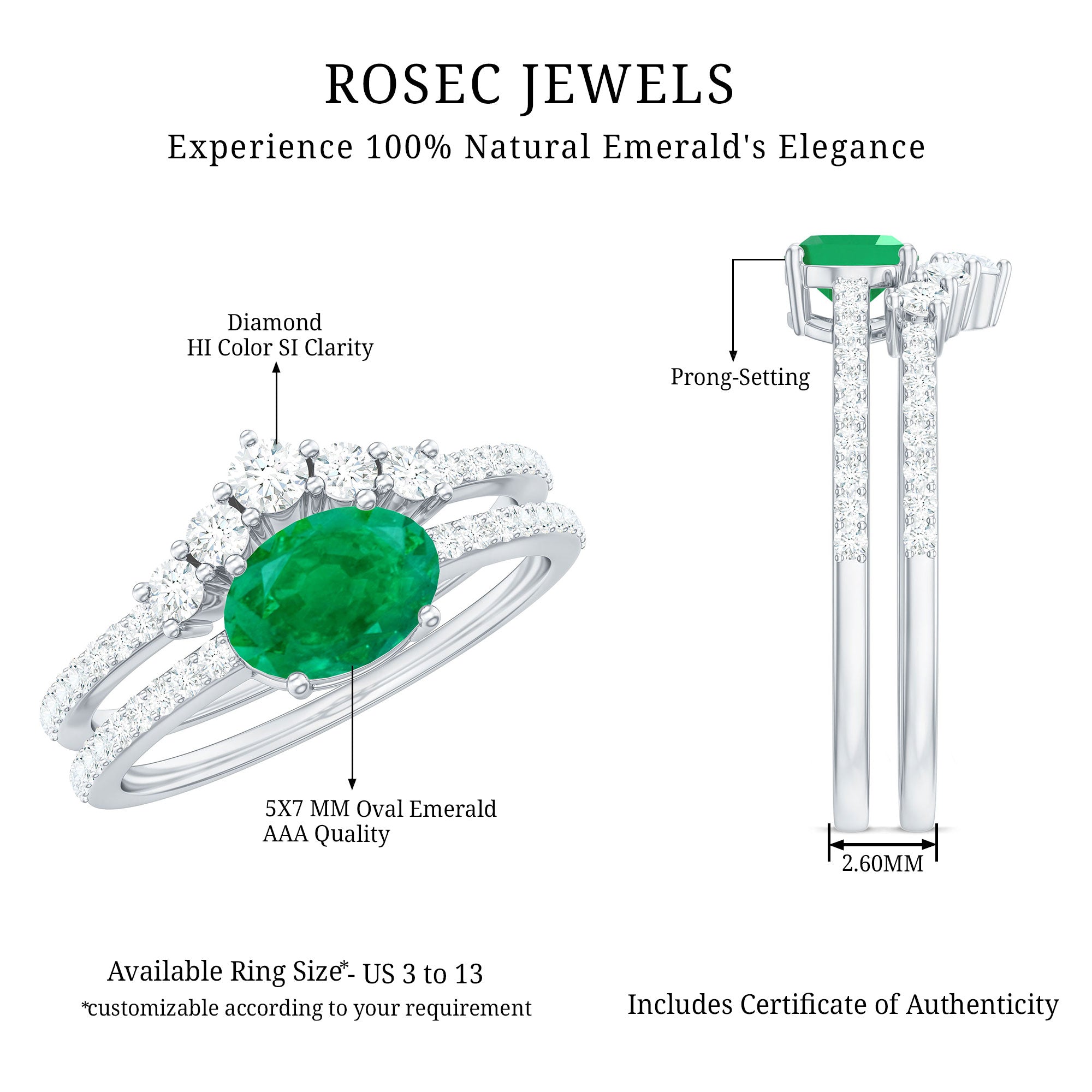 Natural Oval Emerald Diamond East West Engagement Ring and Wedding Band Set AAA - Rosec Jewels